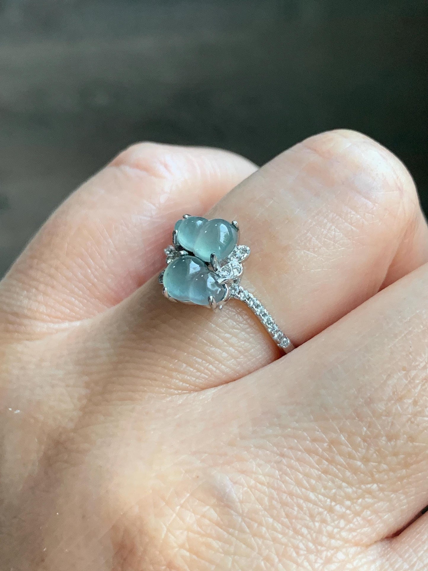 Natural Grade A Guatemalan Icy Translucent Pastel Blue Jade Jadeite Gourd Hulu Ring Sterling Silver Size 6 Adjustable 天然冰危淡蓝翡翠双葫芦戒指 SHL88
