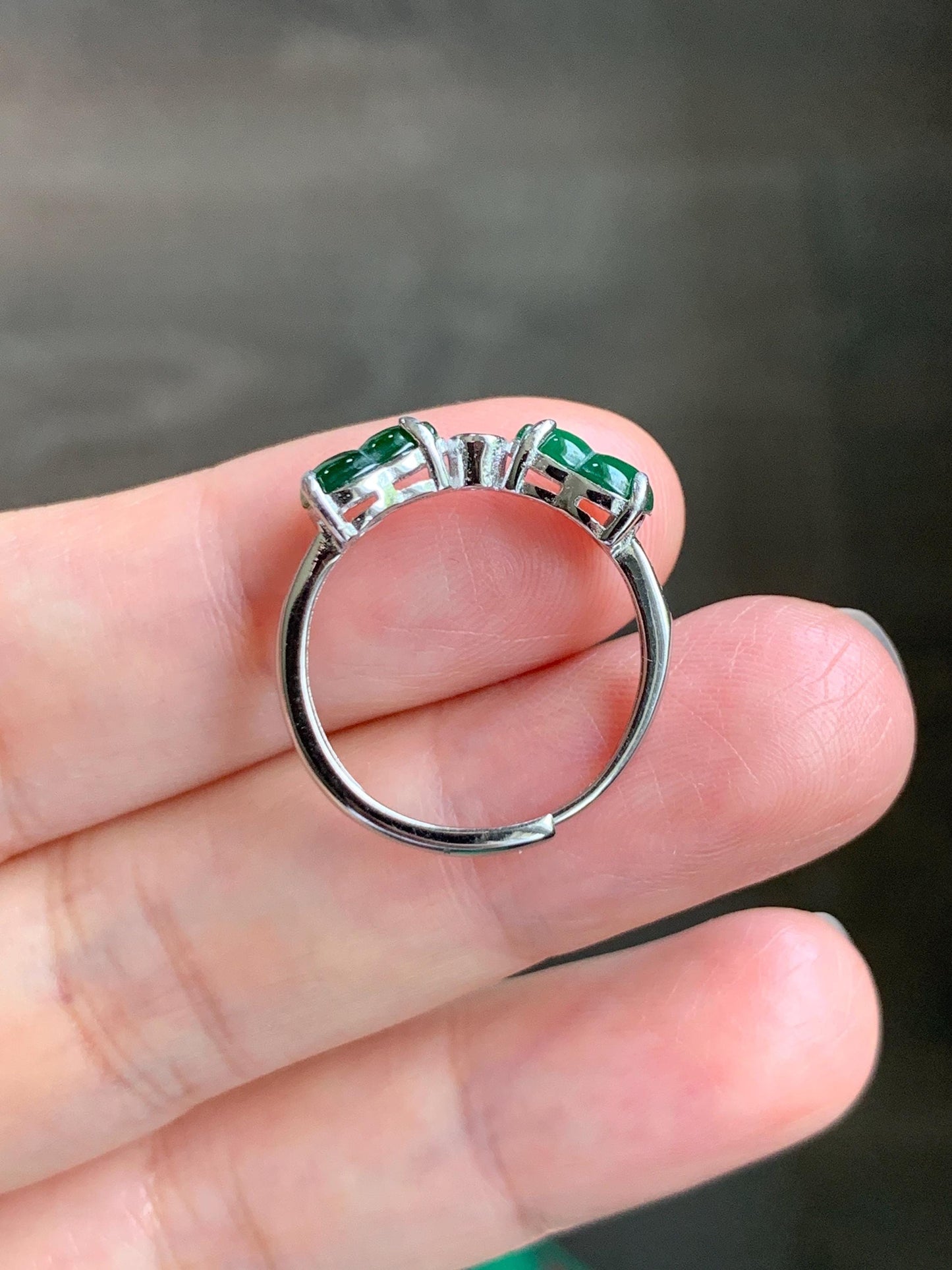 Natural Grade A Guatemalan Icy Translucent Vibrant Green Jade Jadeite Gourd Hulu Ring Sterling Silver Size 7 Adjustable 天然冰危绿翡翠双葫芦戒指 SLH130