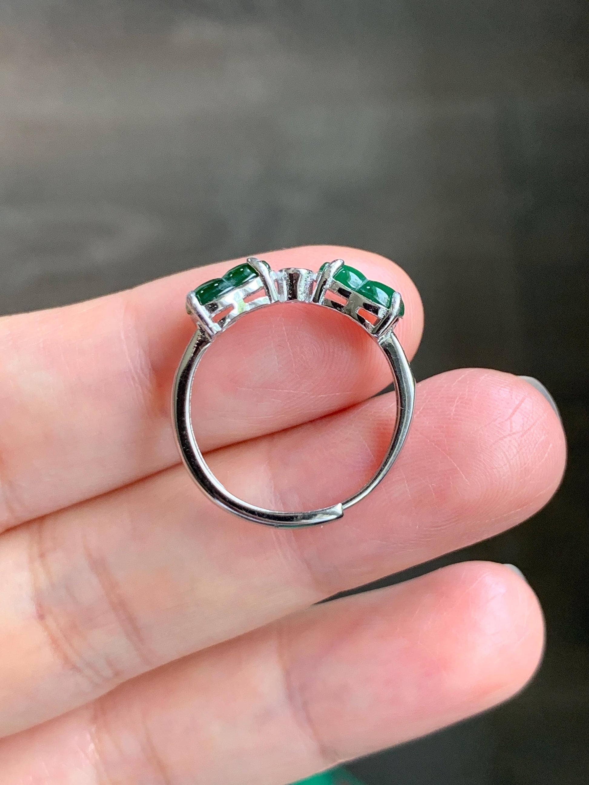 Natural Grade A Guatemalan Icy Translucent Vibrant Green Jade Jadeite Gourd Hulu Ring Sterling Silver Size 7 Adjustable 天然冰危绿翡翠双葫芦戒指 SLH130