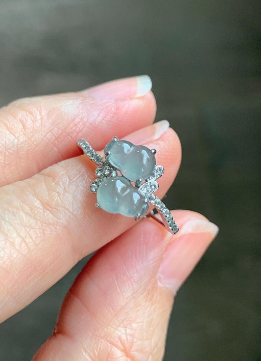 Natural Grade A Guatemalan Icy Translucent Pastel Blue Jade Jadeite Gourd Hulu Ring Sterling Silver Size 6 Adjustable 天然冰危淡蓝翡翠双葫芦戒指 SHL88