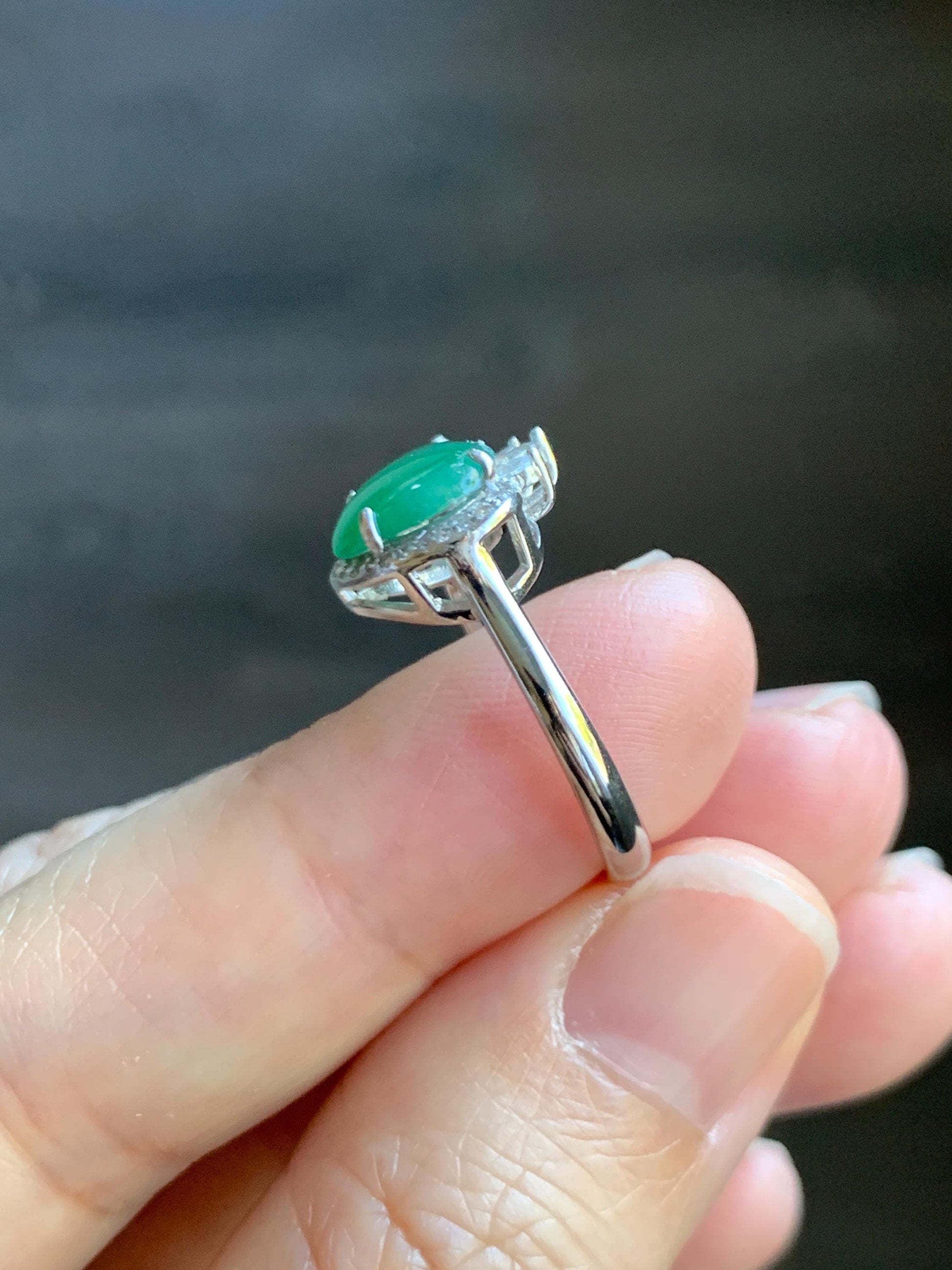 Natural Grade A Guatemalan Icy Translucent Gelatinous Green Heart Jade Jadeite Ring Sterling Silver Size Adjustable 天然冰危蓝绿翡翠爱心蛋面银镶戒指 WLH240