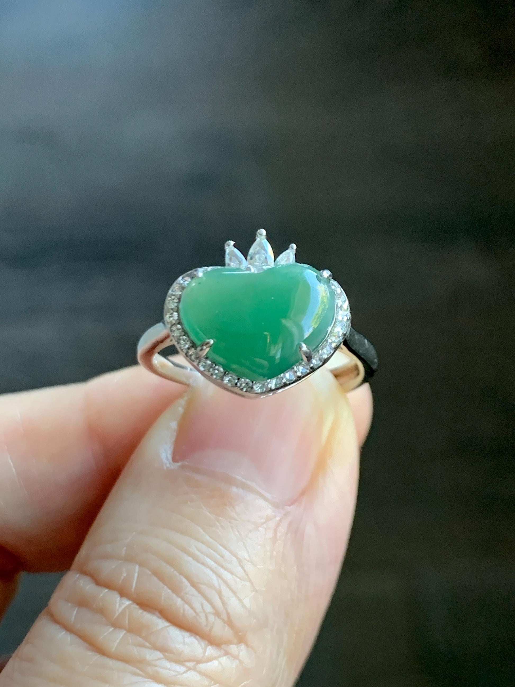 Natural Grade A Guatemalan Icy Translucent Gelatinous Green Heart Jade Jadeite Ring Sterling Silver Size Adjustable 天然冰危蓝绿翡翠爱心蛋面银镶戒指 WLH240
