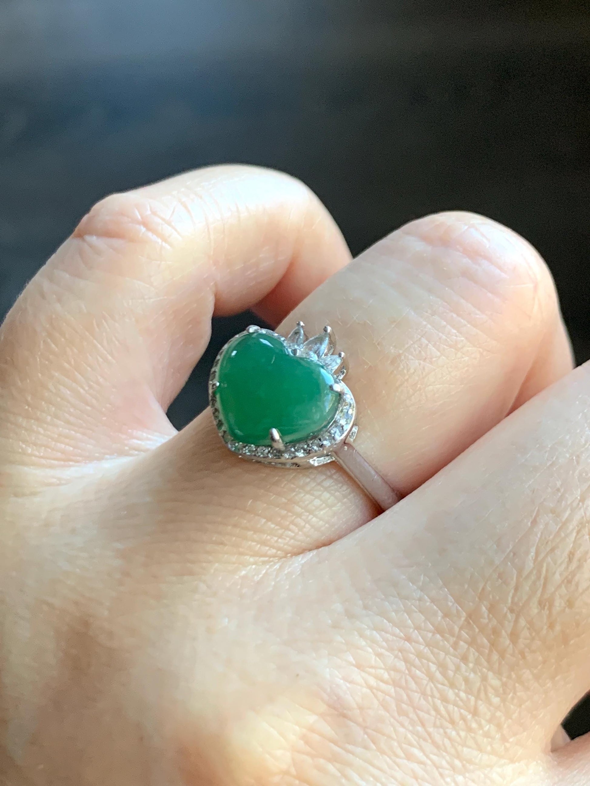 Natural Grade A Guatemalan Icy Translucent Gelatinous Green Heart Jade Jadeite Ring Sterling Silver Size Adjustable 天然冰危蓝绿翡翠爱心蛋面银镶戒指 WLH240