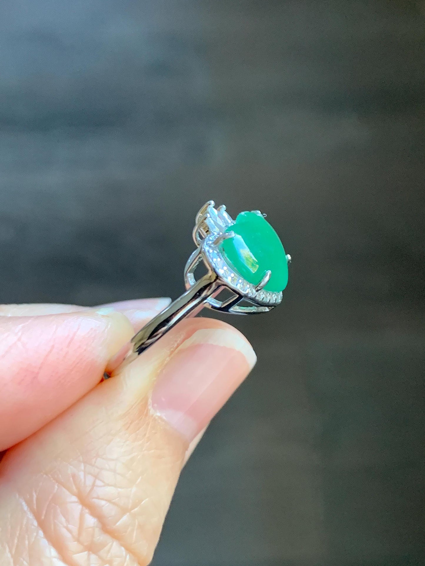 Natural Grade A Guatemalan Icy Translucent Gelatinous Green Heart Jade Jadeite Ring Sterling Silver Size Adjustable 天然冰危蓝绿翡翠爱心蛋面银镶戒指 WLH240