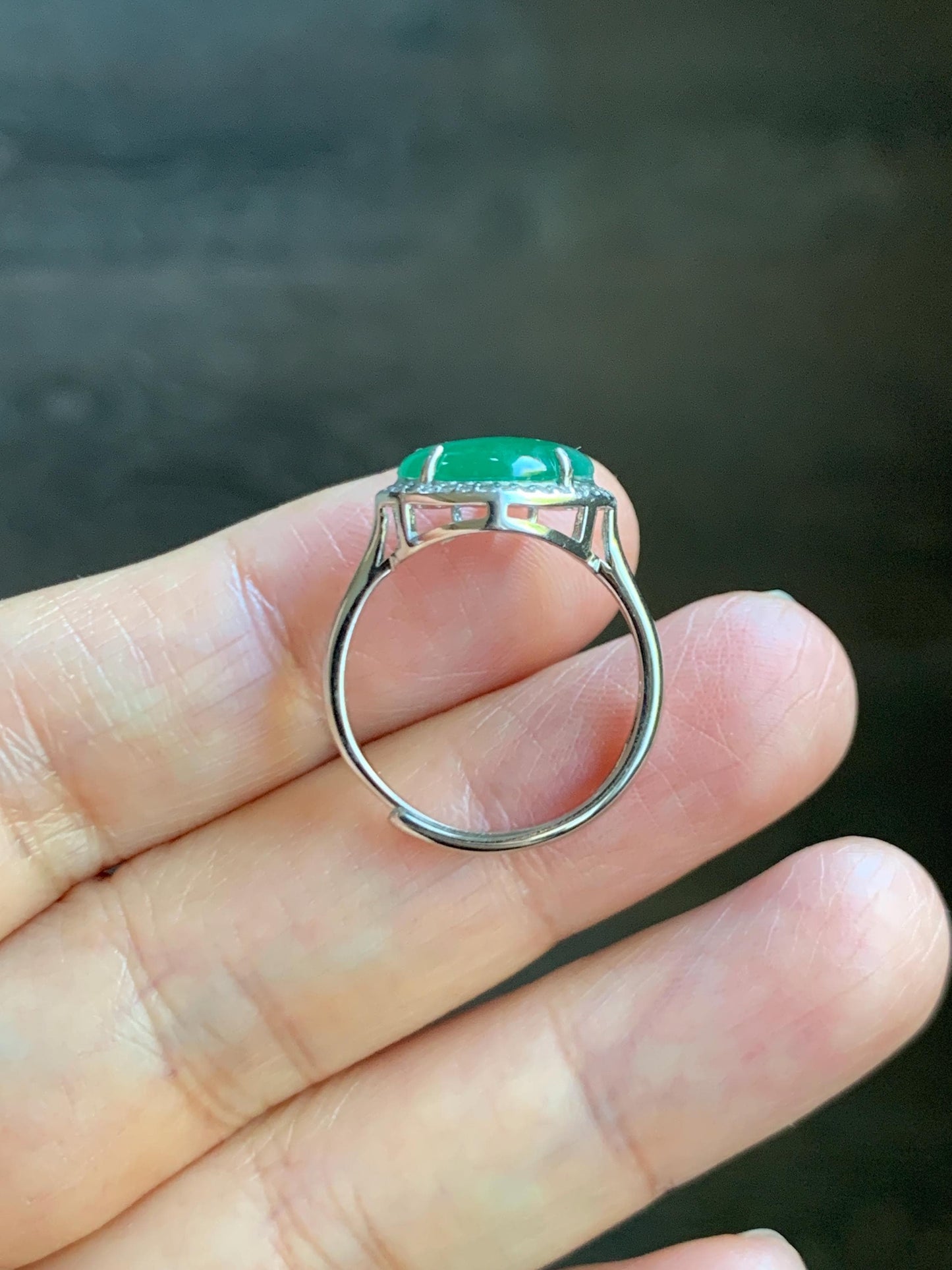 Natural Grade A Guatemalan Icy Translucent Gelatinous Green Heart Jade Jadeite Ring Sterling Silver Size Adjustable 天然冰危蓝绿翡翠爱心蛋面银镶戒指 WLH240