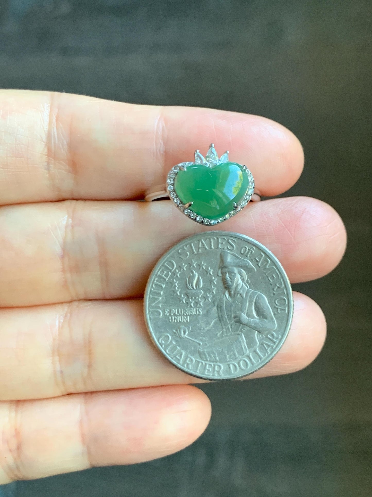 Natural Grade A Guatemalan Icy Translucent Gelatinous Green Heart Jade Jadeite Ring Sterling Silver Size Adjustable 天然冰危蓝绿翡翠爱心蛋面银镶戒指 WLH240