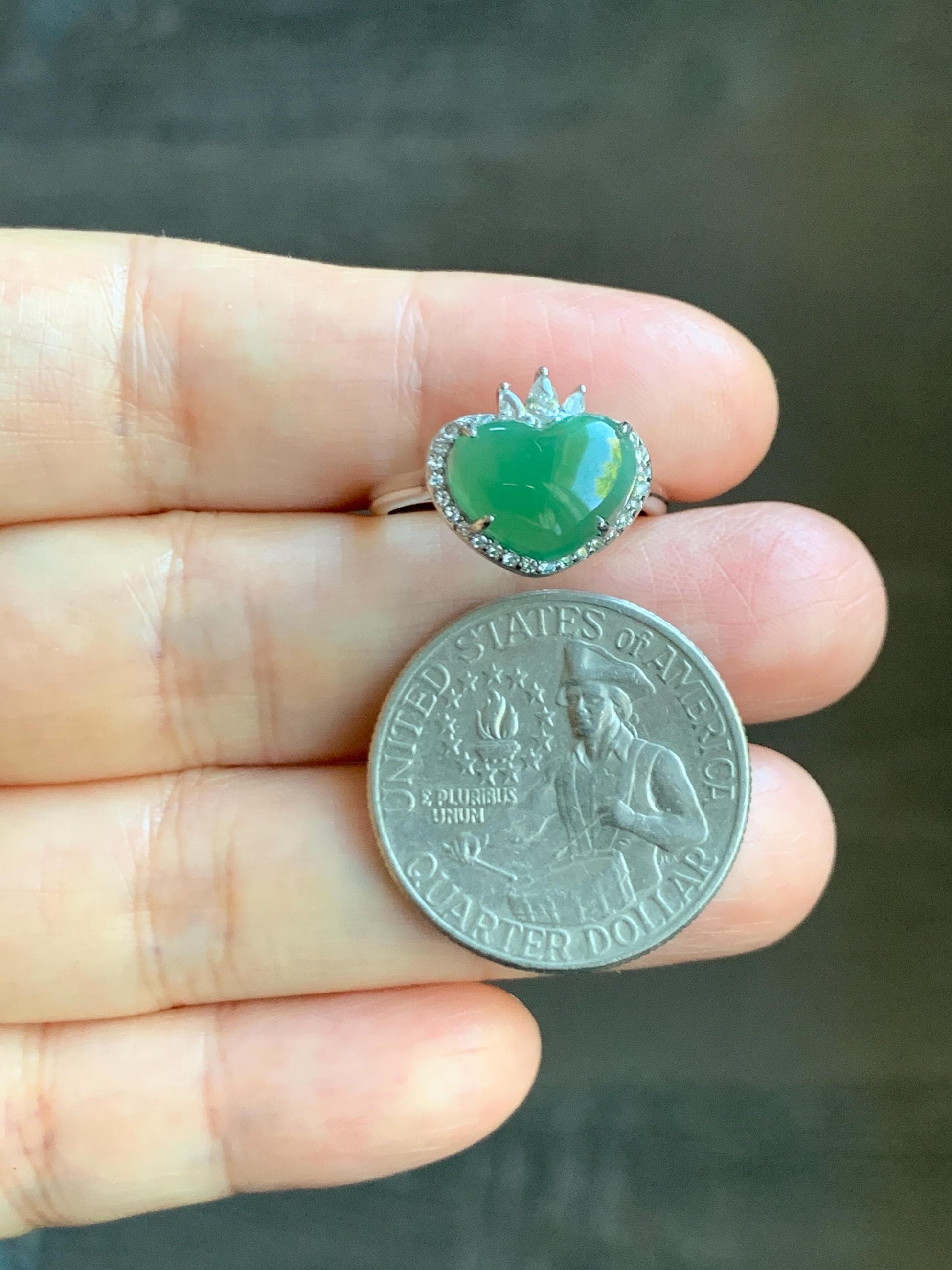 Natural Grade A Guatemalan Icy Translucent Gelatinous Green Heart Jade Jadeite Ring Sterling Silver Size Adjustable 天然冰危蓝绿翡翠爱心蛋面银镶戒指 WLH240