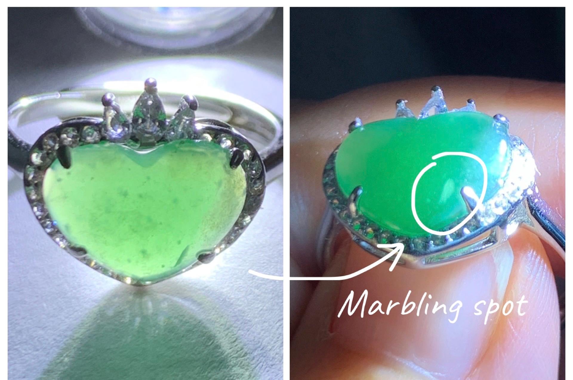 Natural Grade A Guatemalan Icy Translucent Gelatinous Green Heart Jade Jadeite Ring Sterling Silver Size Adjustable 天然冰危蓝绿翡翠爱心蛋面银镶戒指 WLH240