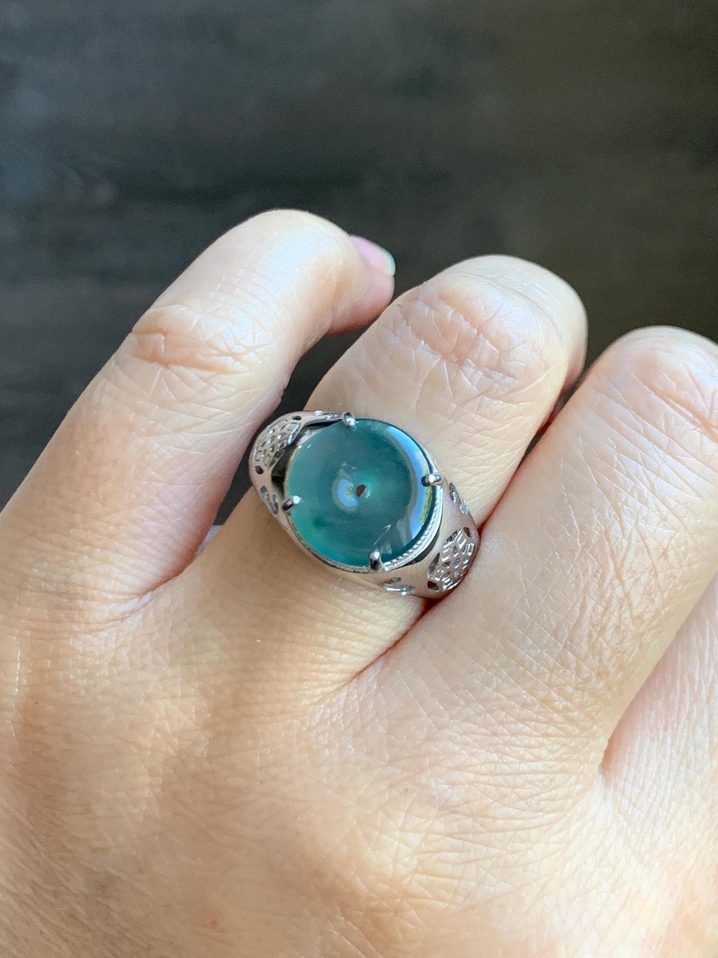 Natural Type A Guatemalan Icy Translucent Teal Blue Jade Jadeite Donut Ping An Kou Ring Sterling Silver Size Adjustable 天然冰危蓝翡翠平安扣戒指MAPK270A