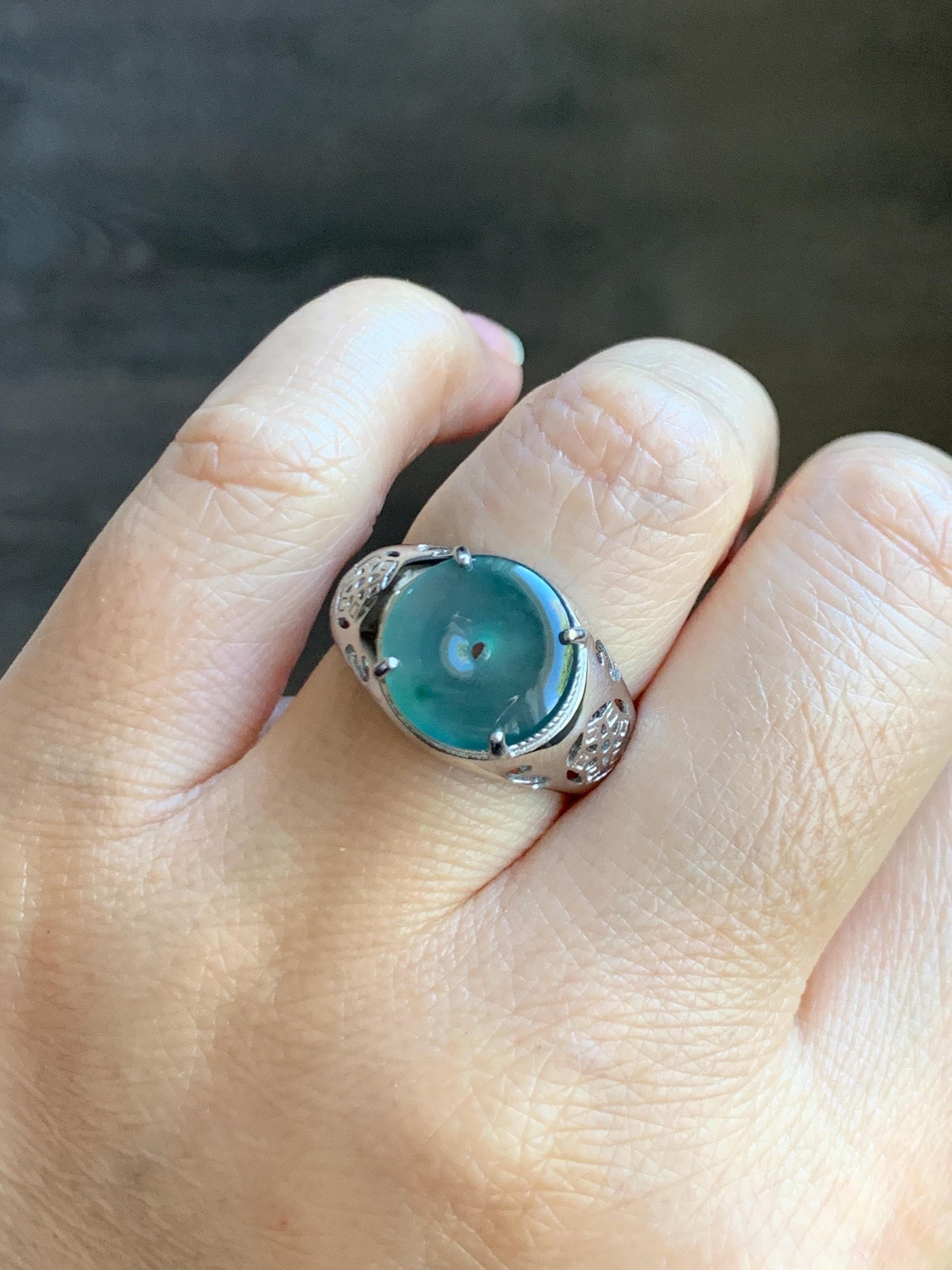 Natural Type A Guatemalan Icy Translucent Teal Blue Jade Jadeite Donut Ping An Kou Ring Sterling Silver Size Adjustable 天然冰危蓝翡翠平安扣戒指MAPK270A