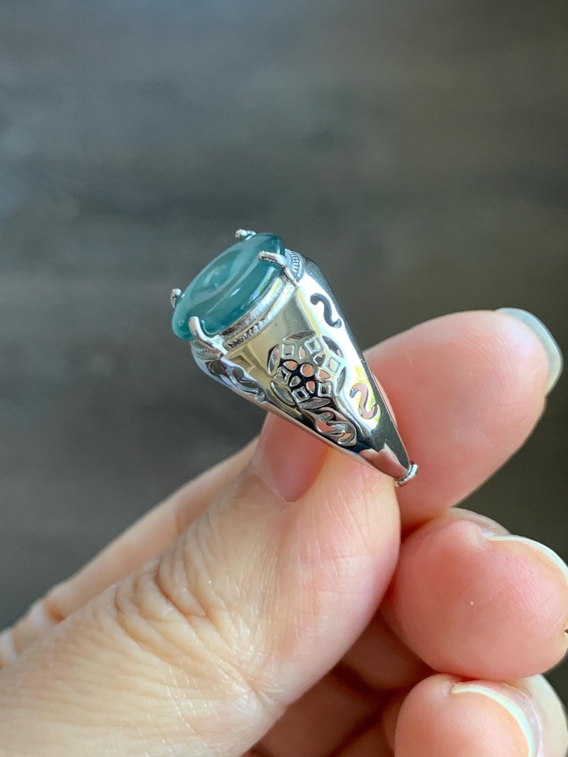 Natural Type A Guatemalan Icy Translucent Teal Blue Jade Jadeite Donut Ping An Kou Ring Sterling Silver Size Adjustable 天然冰危蓝翡翠平安扣戒指MAPK270A