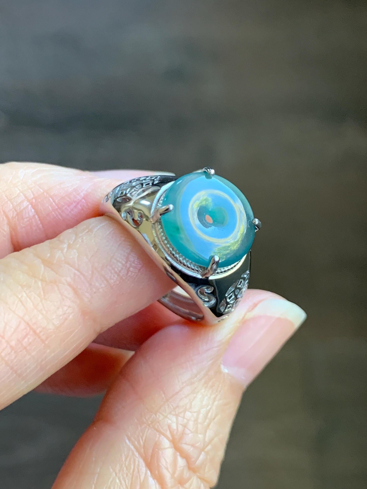 Natural Type A Guatemalan Icy Translucent Teal Blue Jade Jadeite Donut Ping An Kou Ring Sterling Silver Size Adjustable 天然冰危蓝翡翠平安扣戒指MAPK270A