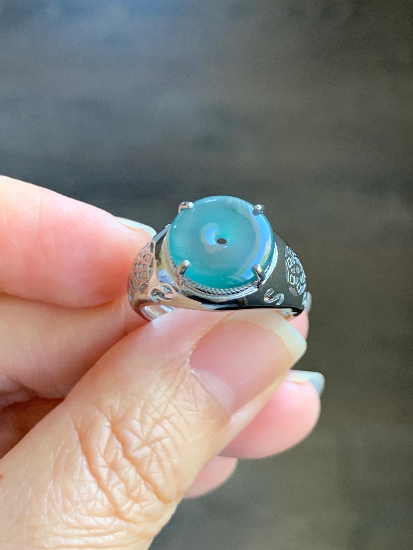 Natural Type A Guatemalan Icy Translucent Teal Blue Jade Jadeite Donut Ping An Kou Ring Sterling Silver Size Adjustable 天然冰危蓝翡翠平安扣戒指MAPK270A
