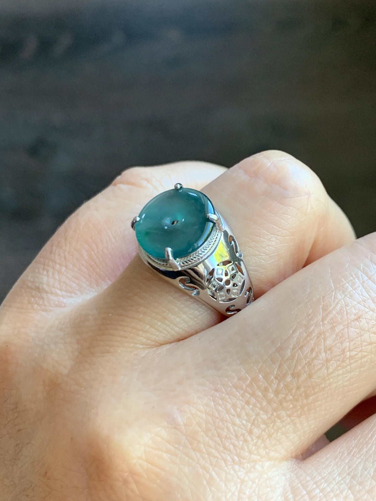 Natural Type A Guatemalan Icy Translucent Teal Blue Jade Jadeite Donut Ping An Kou Ring Sterling Silver Size Adjustable 天然冰危蓝翡翠平安扣戒指MAPK270A
