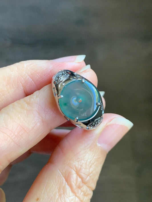 Natural Type A Guatemalan Icy Translucent Teal Blue Jade Jadeite Donut Ping An Kou Ring Sterling Silver Size Adjustable 天然冰危蓝翡翠平安扣戒指MAPK270A