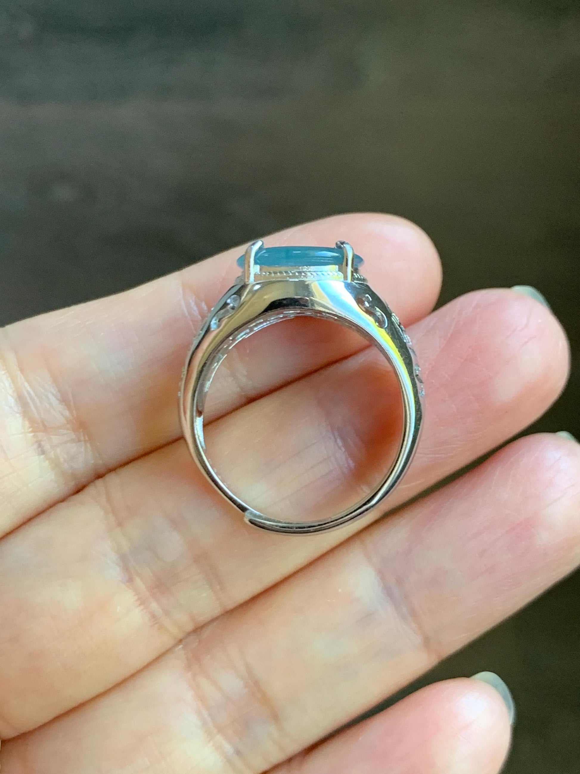 Natural Type A Guatemalan Icy Translucent Blue Jade Jadeite Donut Ping An Kou Ring Sterling Silver Size Adjustable 天然冰危蓝翡翠平安扣戒指MAPK270B