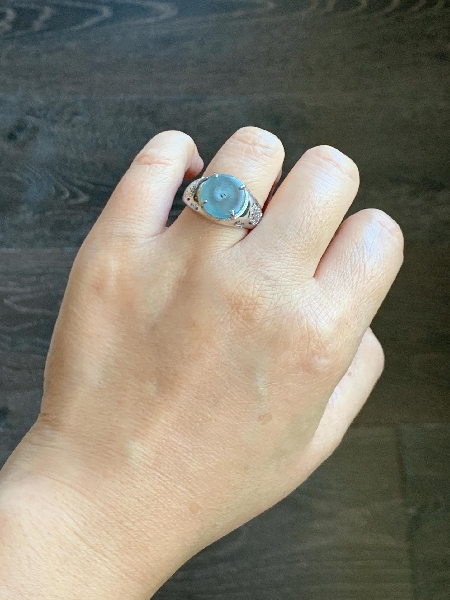 Natural Type A Guatemalan Icy Translucent Blue Jade Jadeite Donut Ping An Kou Ring Sterling Silver Size Adjustable 天然冰危蓝翡翠平安扣戒指MAPK270B