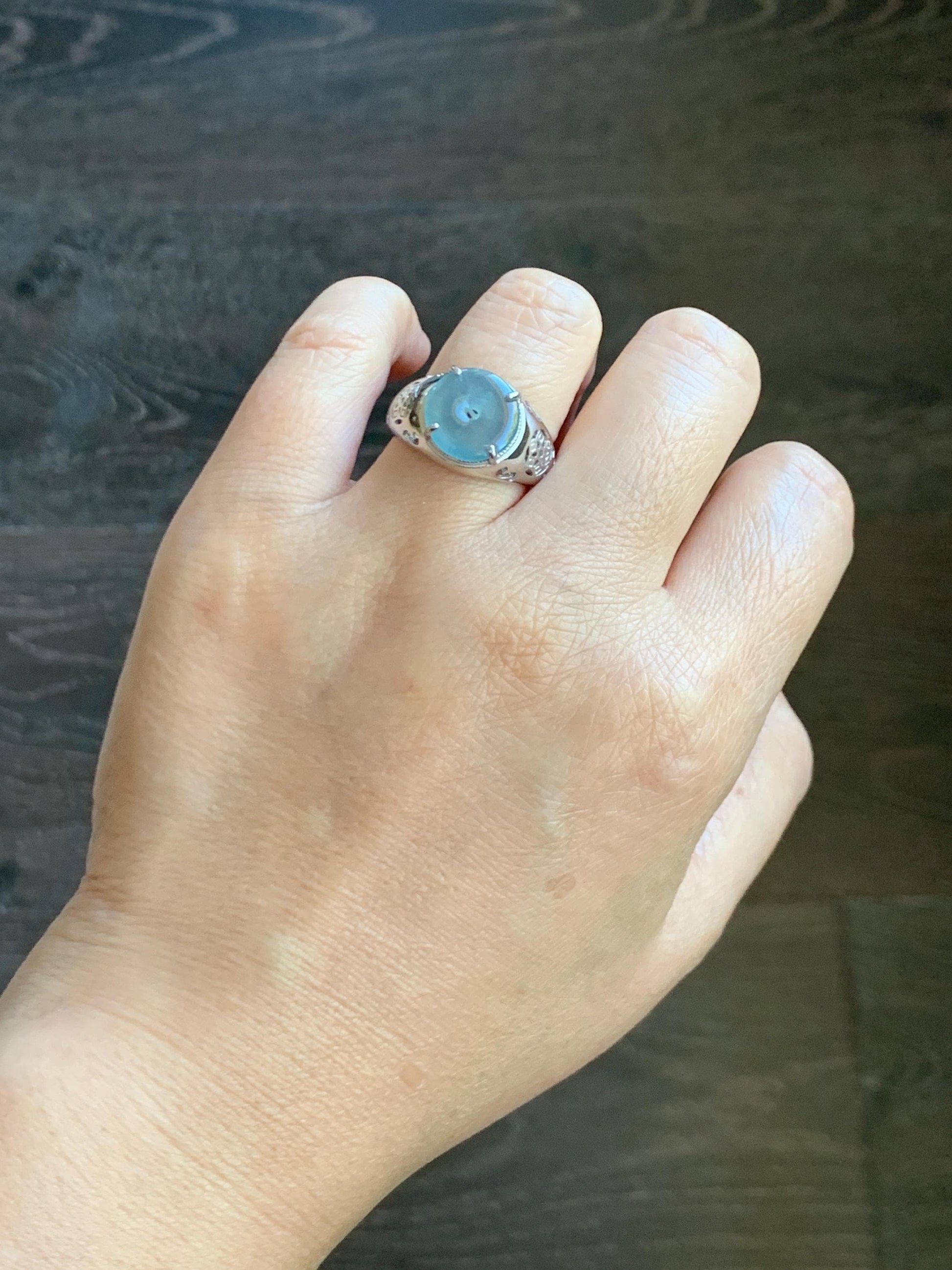 Natural Type A Guatemalan Icy Translucent Blue Jade Jadeite Donut Ping An Kou Ring Sterling Silver Size Adjustable 天然冰危蓝翡翠平安扣戒指MAPK270B