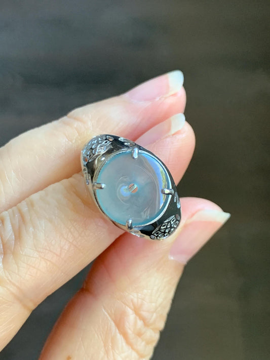 Natural Type A Guatemalan Icy Translucent Blue Jade Jadeite Donut Ping An Kou Ring Sterling Silver Size Adjustable 天然冰危蓝翡翠平安扣戒指MAPK270B