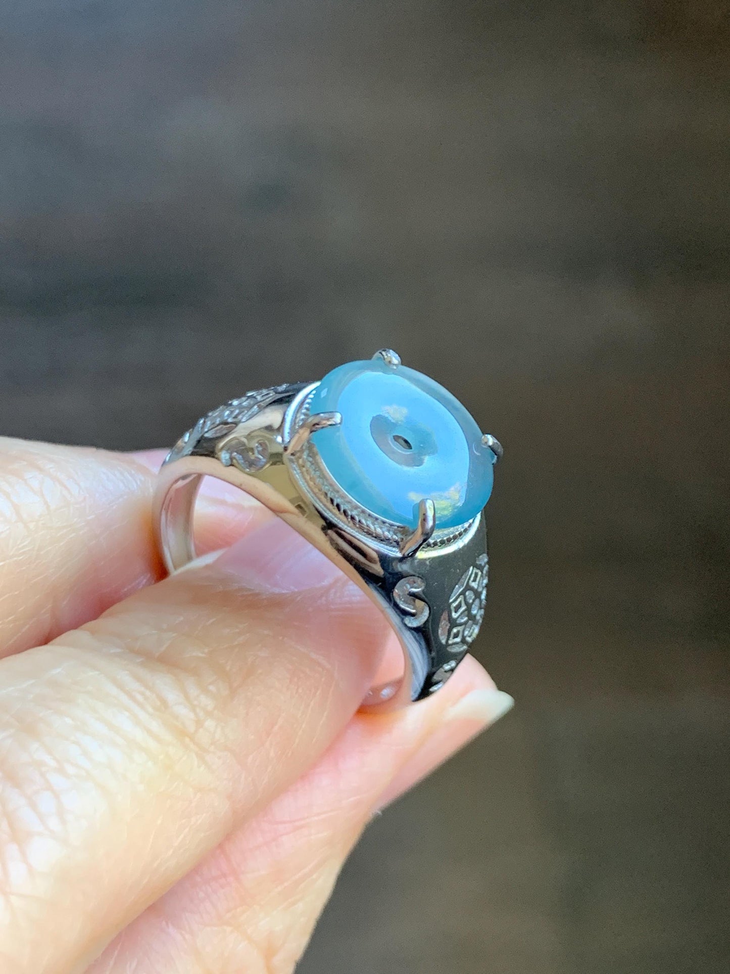 Natural Type A Guatemalan Icy Translucent Blue Jade Jadeite Donut Ping An Kou Ring Sterling Silver Size Adjustable 天然冰危蓝翡翠平安扣戒指MAPK270B