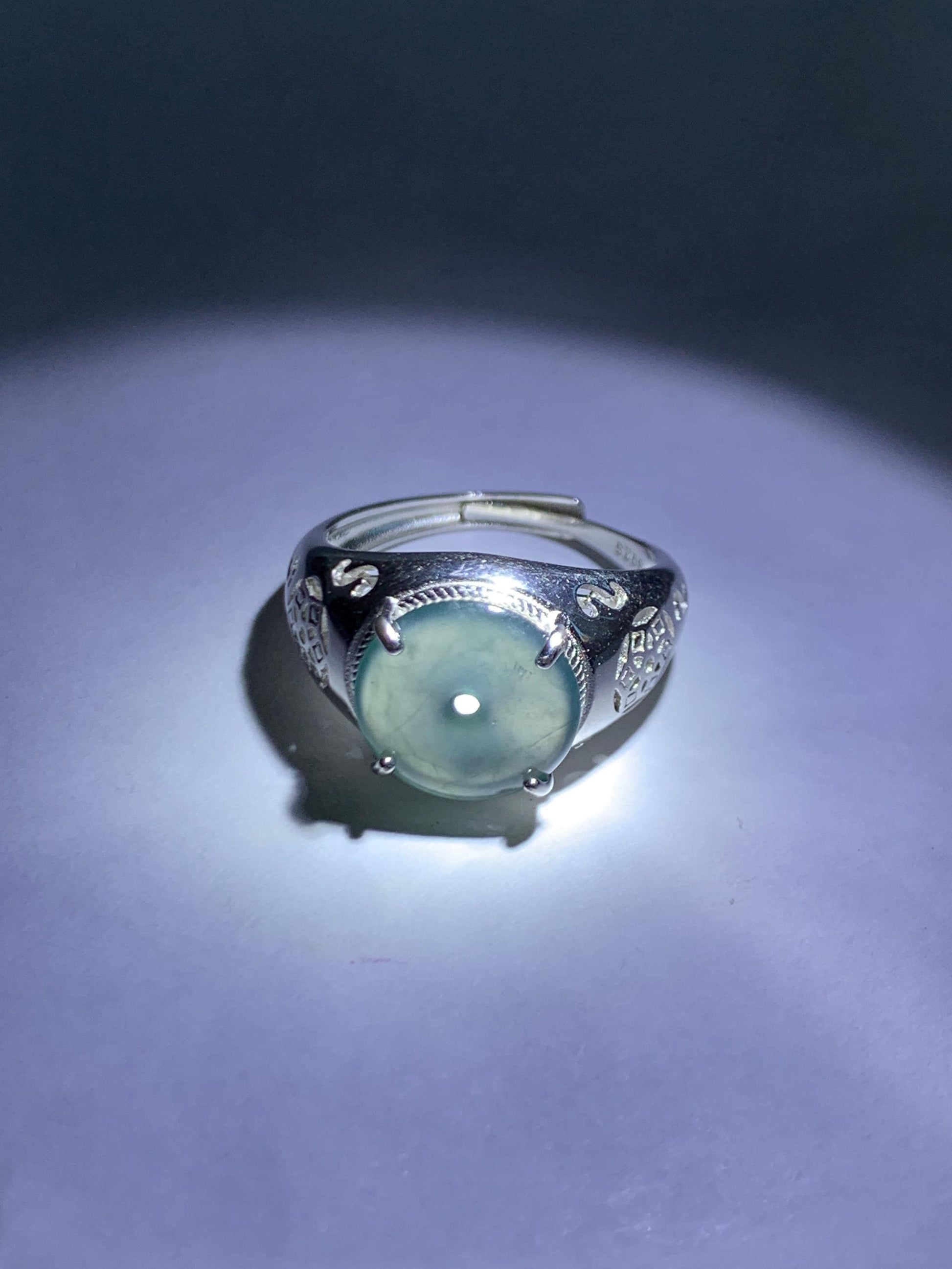 Natural Type A Guatemalan Icy Translucent Teal Blue Jade Jadeite Donut Ping An Kou Ring Sterling Silver Size Adjustable 天然冰危蓝翡翠平安扣戒指MAPK270C