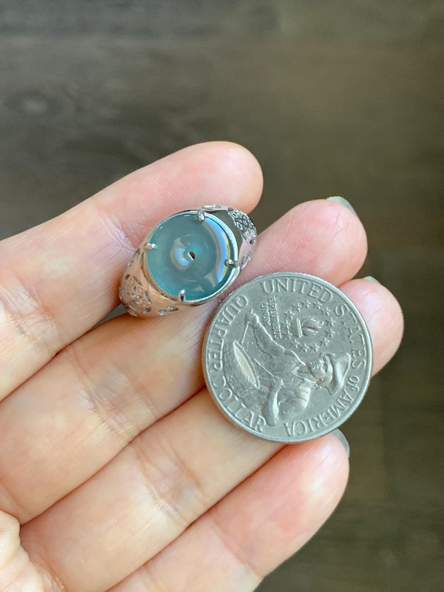 Natural Type A Guatemalan Icy Translucent Teal Blue Jade Jadeite Donut Ping An Kou Ring Sterling Silver Size Adjustable 天然冰危蓝翡翠平安扣戒指MAPK270C