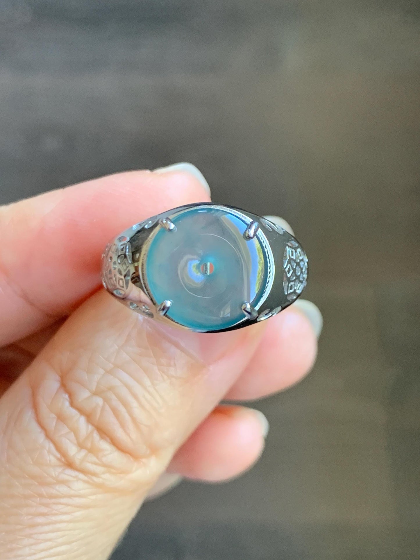 Natural Type A Guatemalan Icy Translucent Teal Blue Jade Jadeite Donut Ping An Kou Ring Sterling Silver Size Adjustable 天然冰危蓝翡翠平安扣戒指MAPK270C