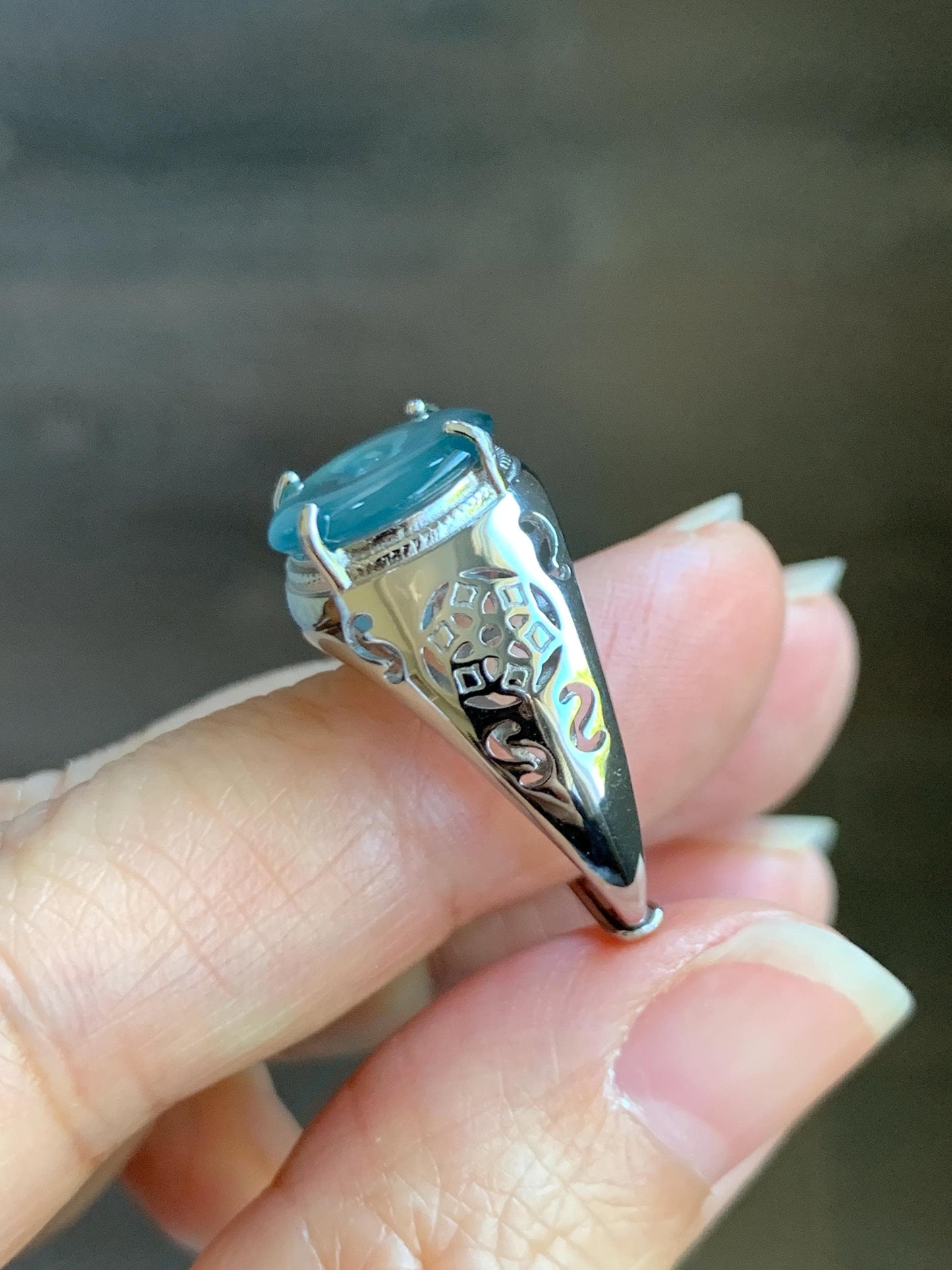 Natural Type A Guatemalan Icy Translucent Teal Blue Jade Jadeite Donut Ping An Kou Ring Sterling Silver Size Adjustable 天然冰危蓝翡翠平安扣戒指MAPK270C