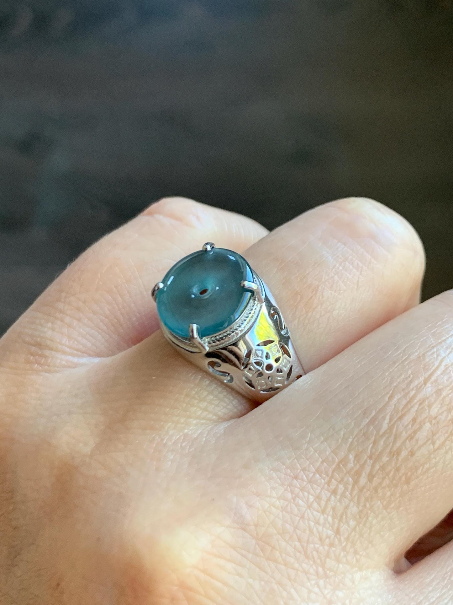 Natural Type A Guatemalan Icy Translucent Teal Blue Jade Jadeite Donut Ping An Kou Ring Sterling Silver Size Adjustable 天然冰危蓝翡翠平安扣戒指MAPK270C