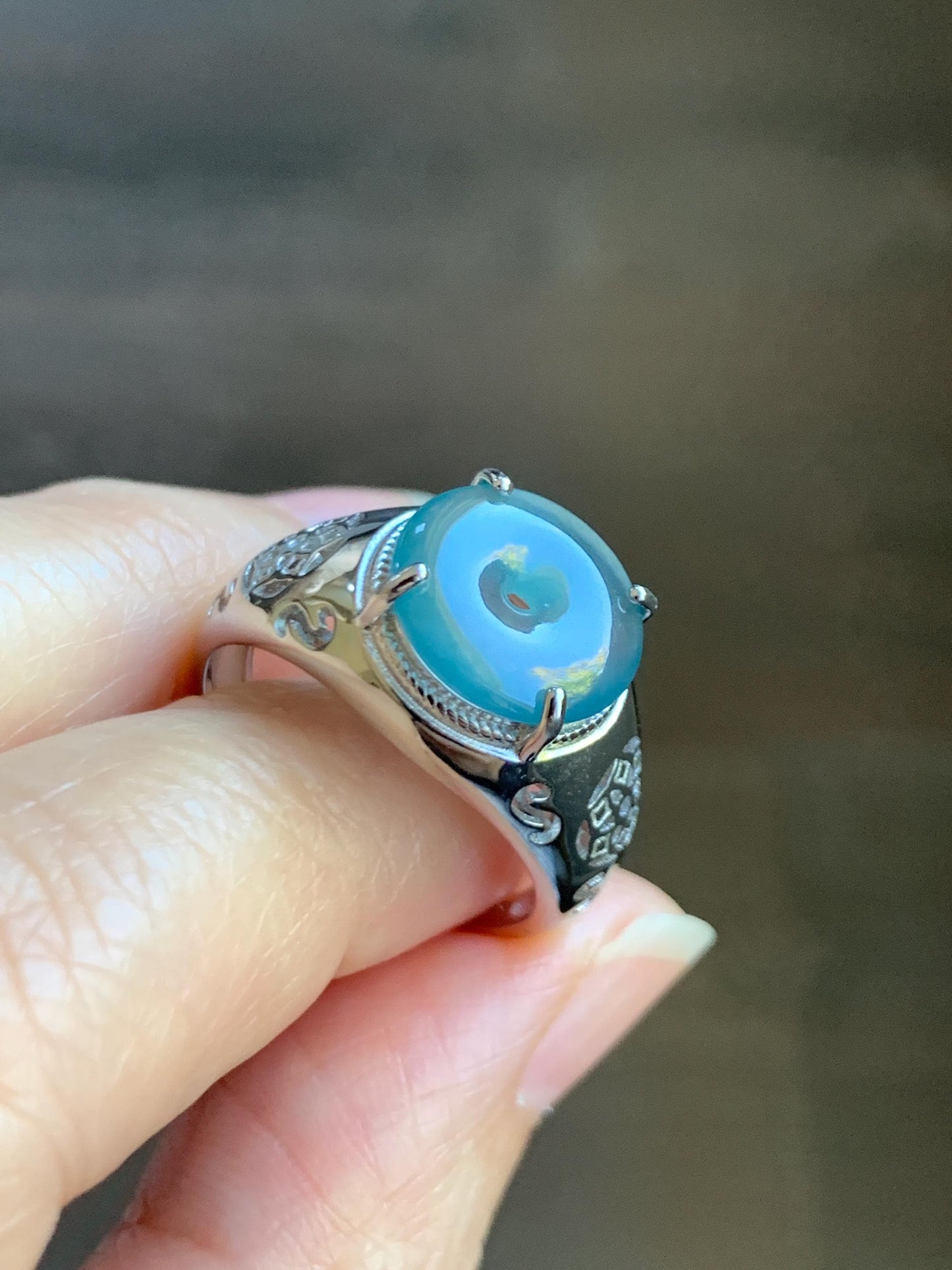 Natural Type A Guatemalan Icy Translucent Teal Blue Jade Jadeite Donut Ping An Kou Ring Sterling Silver Size Adjustable 天然冰危蓝翡翠平安扣戒指MAPK270C