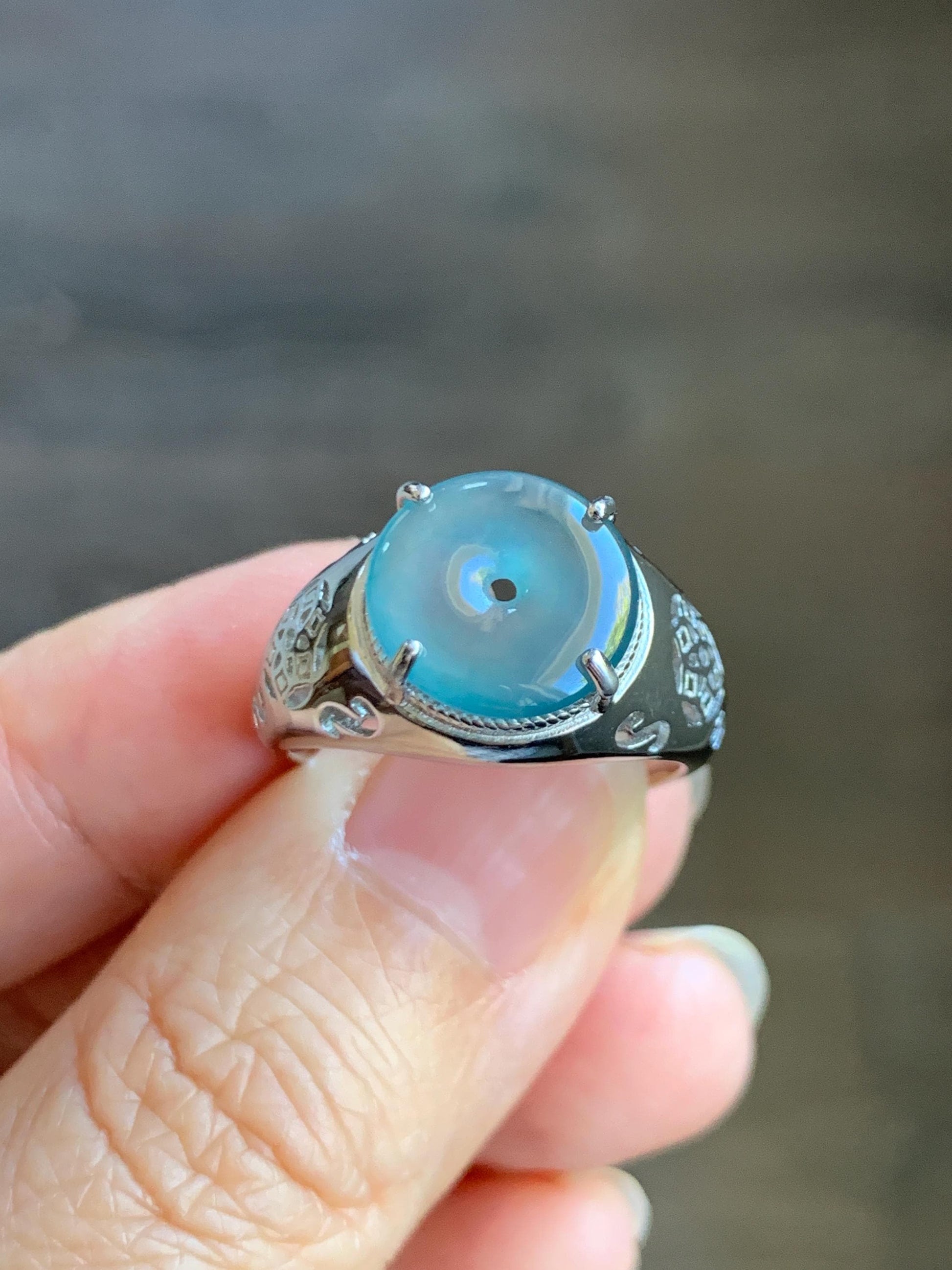 Natural Type A Guatemalan Icy Translucent Teal Blue Jade Jadeite Donut Ping An Kou Ring Sterling Silver Size Adjustable 天然冰危蓝翡翠平安扣戒指MAPK270C