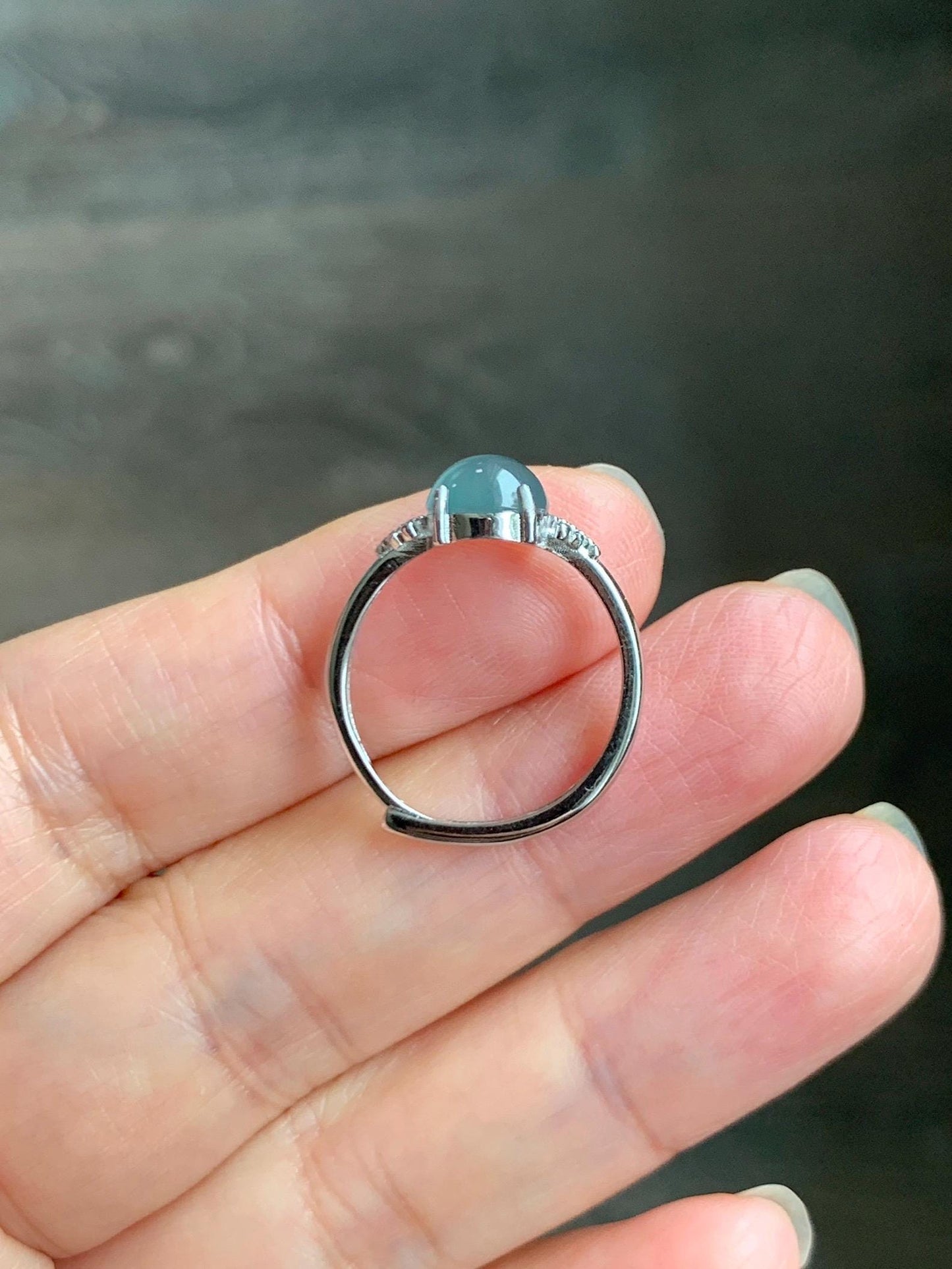 Natural Grade A Guatemalan Icy Highly Translucent Teal Jade Jadeite Solitaire Ring Sterling Silver Size Adjustable 天然冰危蓝绿翡翠银镶戒指 WLL68