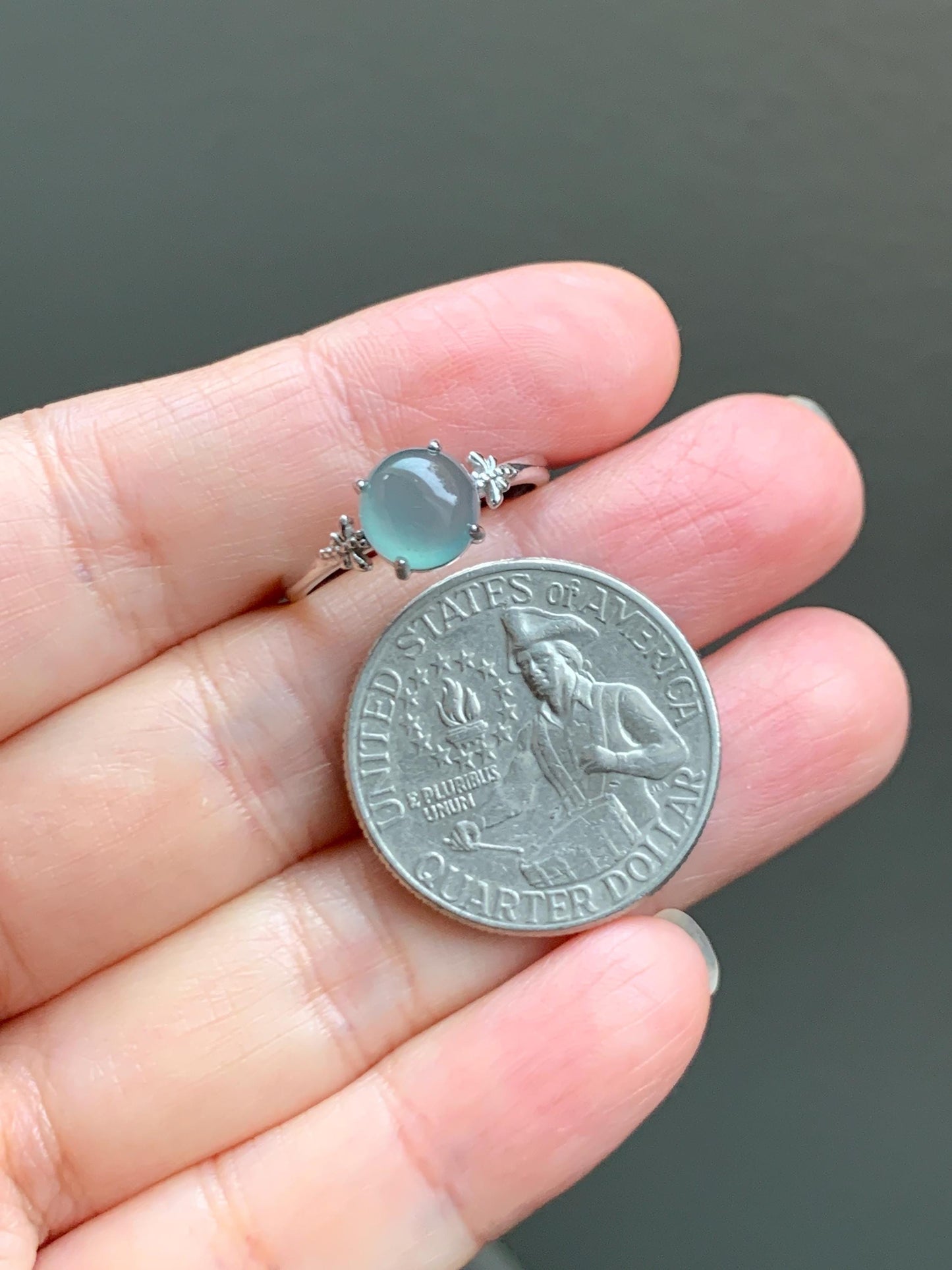 Natural Grade A Guatemalan Icy Highly Translucent Teal Jade Jadeite Solitaire Ring Sterling Silver Size Adjustable 天然冰危蓝绿翡翠银镶戒指 WLL68