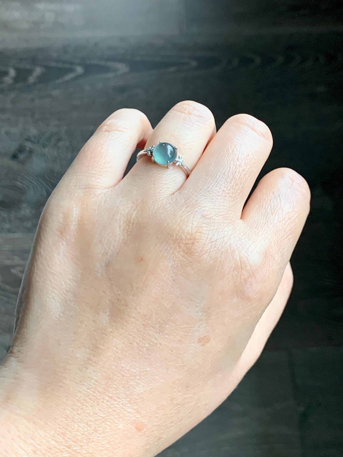 Natural Grade A Guatemalan Icy Highly Translucent Teal Jade Jadeite Solitaire Ring Sterling Silver Size Adjustable 天然冰危蓝绿翡翠银镶戒指 WLL68