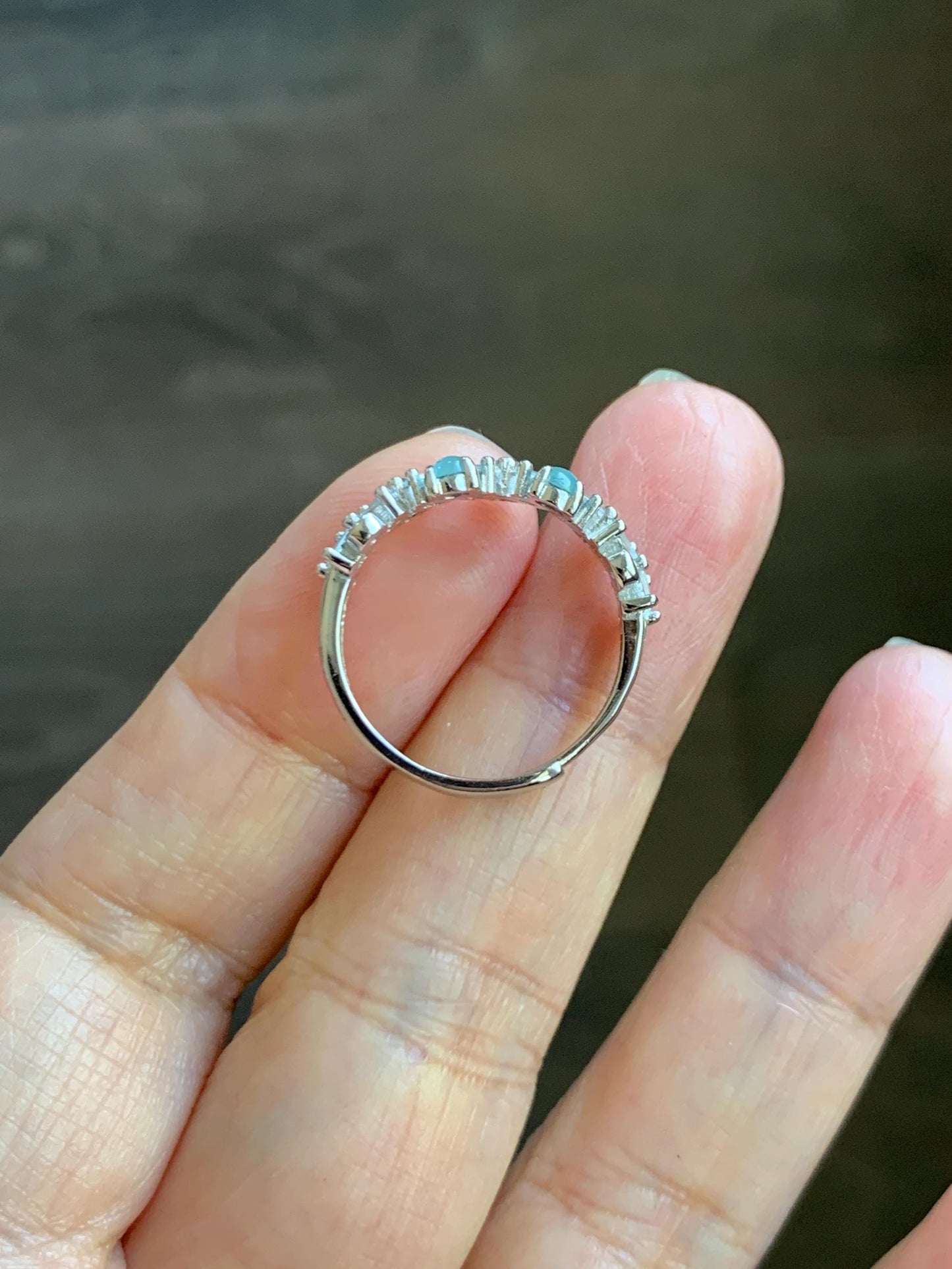 Natural Grade A Guatemalan Icy Translucent Pastel Blue Jade Jadeite 5-Stone Band Ring Sterling Silver Size Adjustable 天然冰危淡蓝翡翠银镶戒指 WBP77