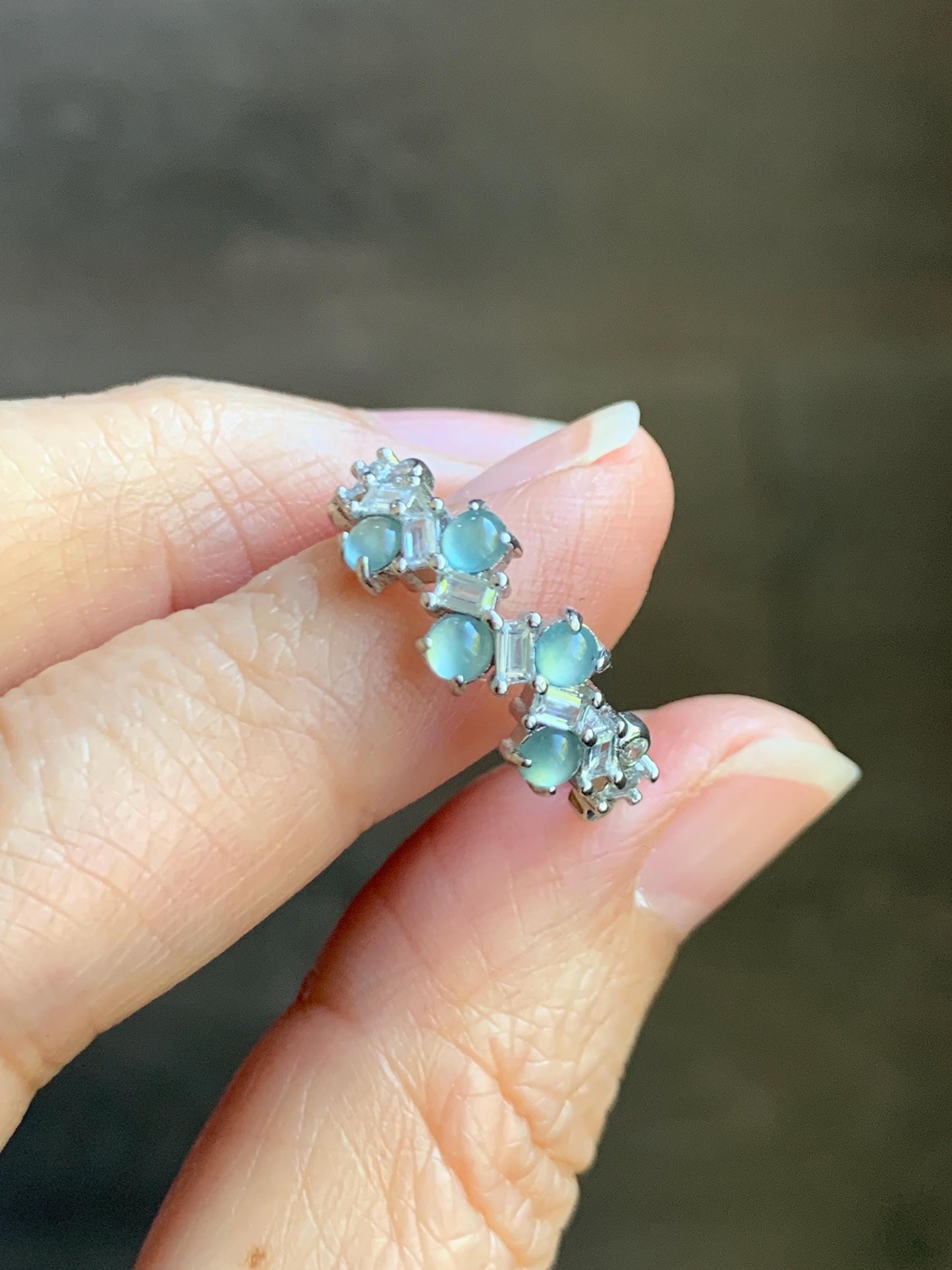 Natural Grade A Guatemalan Icy Translucent Pastel Blue Jade Jadeite 5-Stone Band Ring Sterling Silver Size Adjustable 天然冰危淡蓝翡翠银镶戒指 WBP77