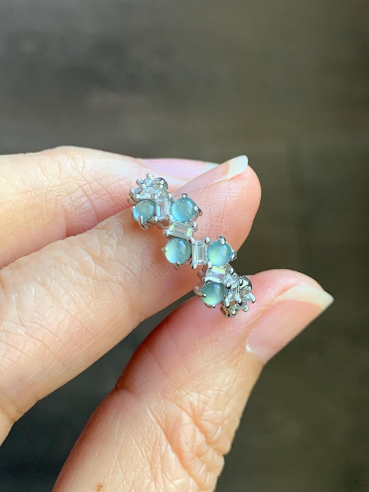 Natural Grade A Guatemalan Icy Translucent Pastel Blue Jade Jadeite 5-Stone Band Ring Sterling Silver Size Adjustable 天然冰危淡蓝翡翠银镶戒指 WBP77