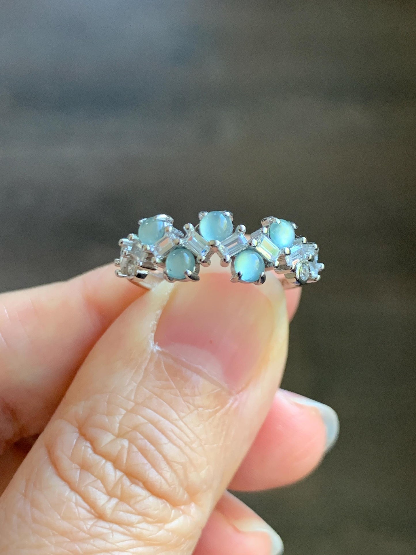 Natural Grade A Guatemalan Icy Translucent Pastel Blue Jade Jadeite 5-Stone Band Ring Sterling Silver Size Adjustable 天然冰危淡蓝翡翠银镶戒指 WBP77