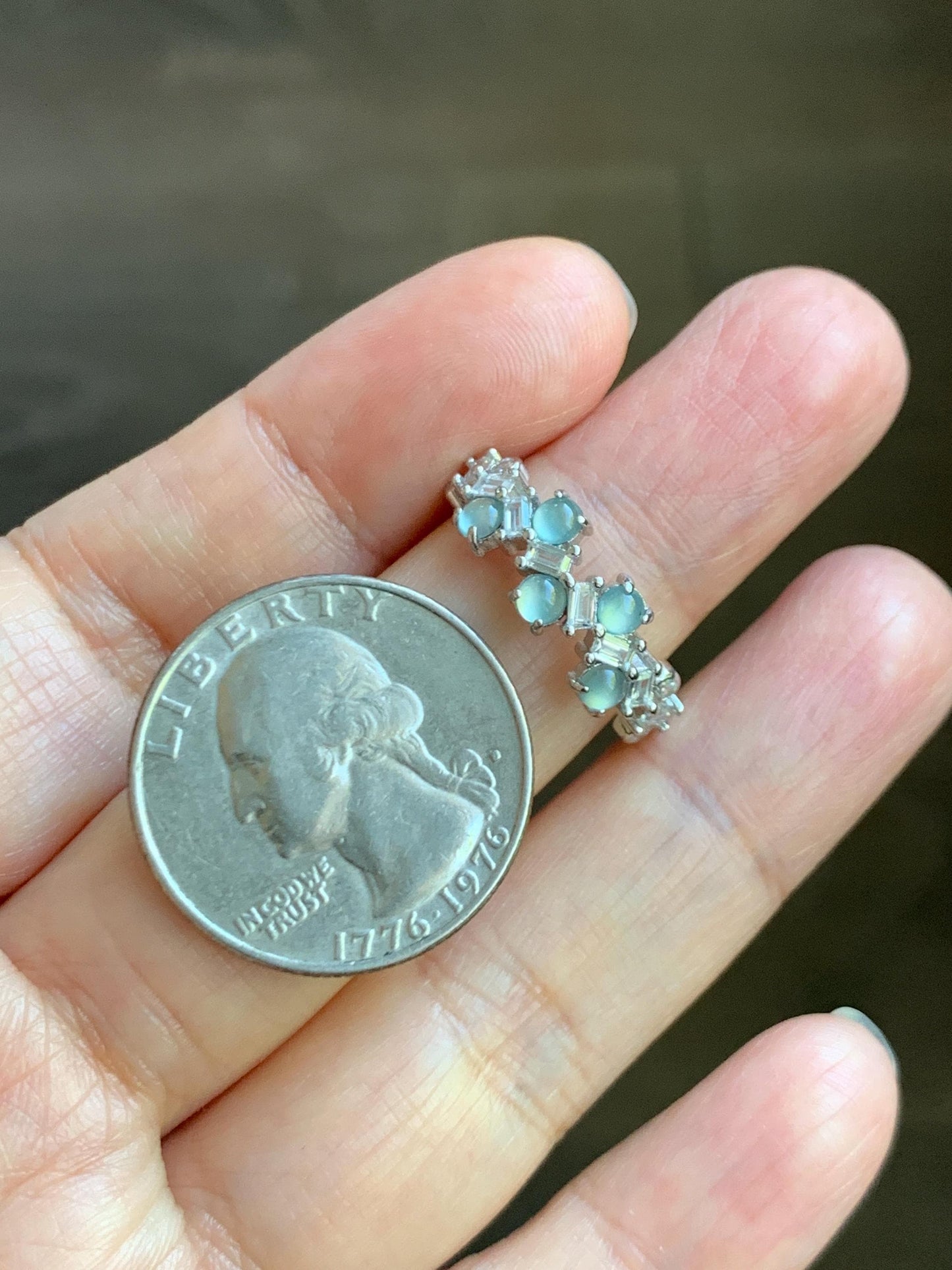 Natural Grade A Guatemalan Icy Translucent Pastel Blue Jade Jadeite 5-Stone Band Ring Sterling Silver Size Adjustable 天然冰危淡蓝翡翠银镶戒指 WBP77