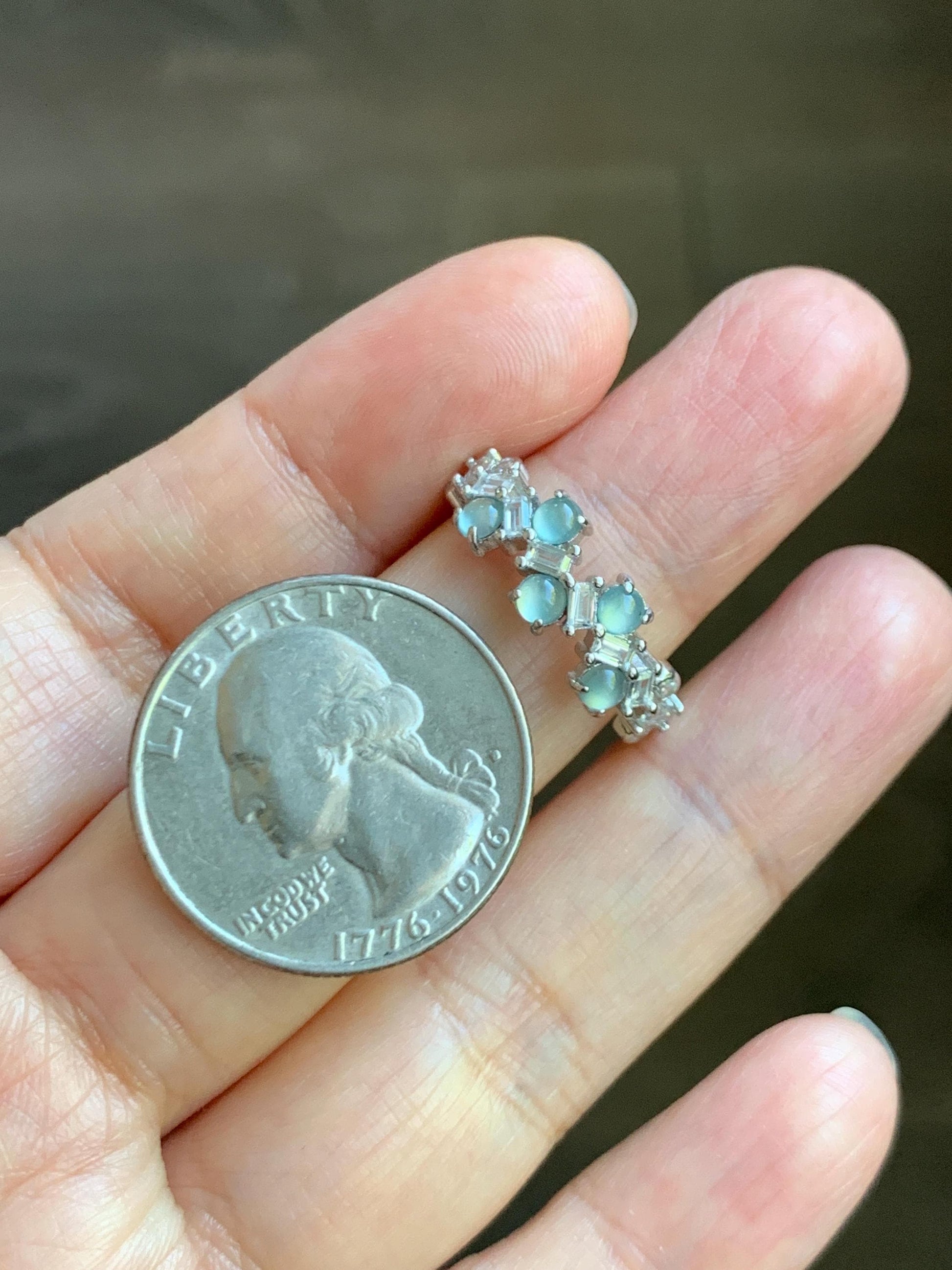 Natural Grade A Guatemalan Icy Translucent Pastel Blue Jade Jadeite 5-Stone Band Ring Sterling Silver Size Adjustable 天然冰危淡蓝翡翠银镶戒指 WBP77