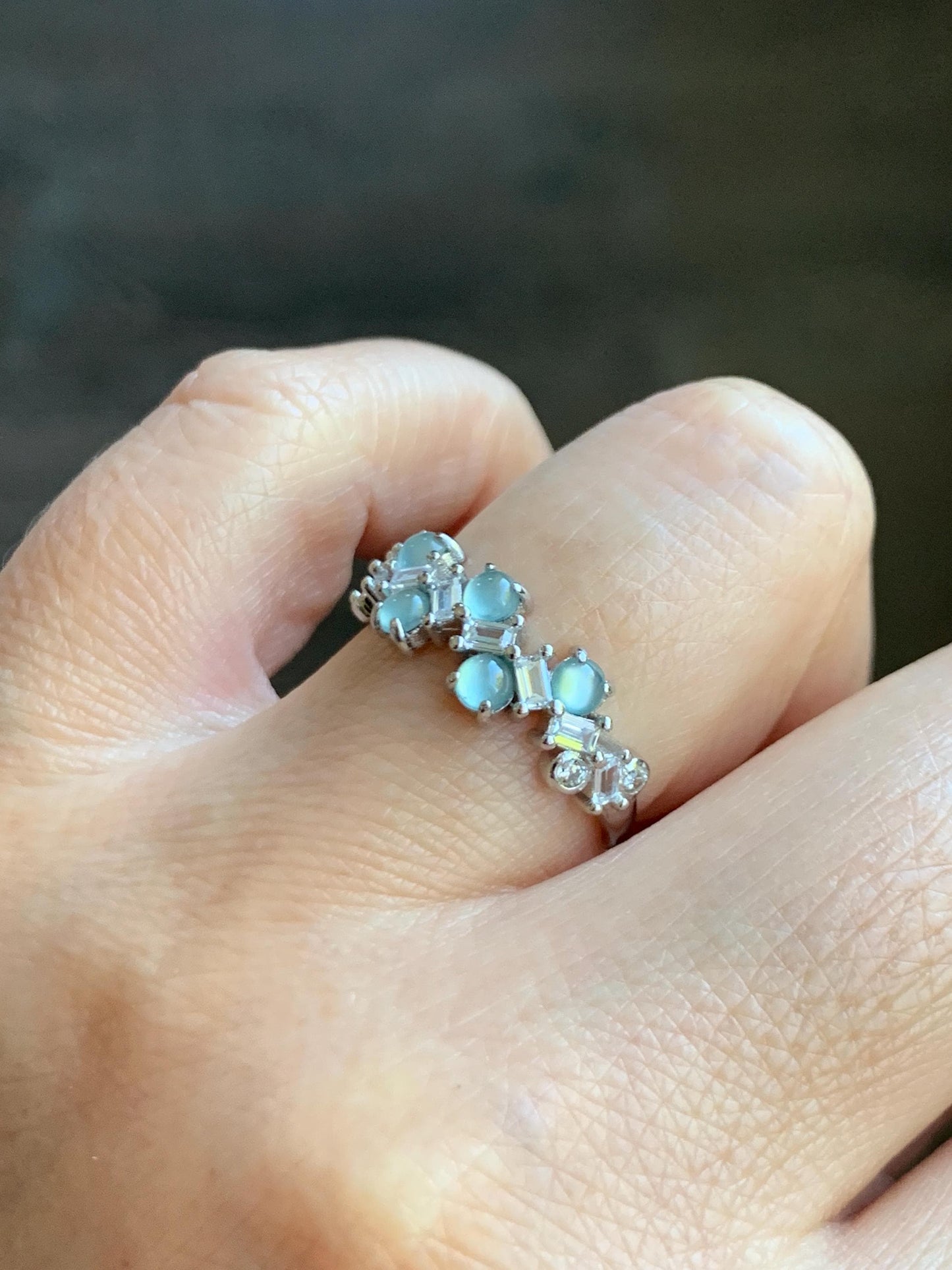 Natural Grade A Guatemalan Icy Translucent Pastel Blue Jade Jadeite 5-Stone Band Ring Sterling Silver Size Adjustable 天然冰危淡蓝翡翠银镶戒指 WBP77