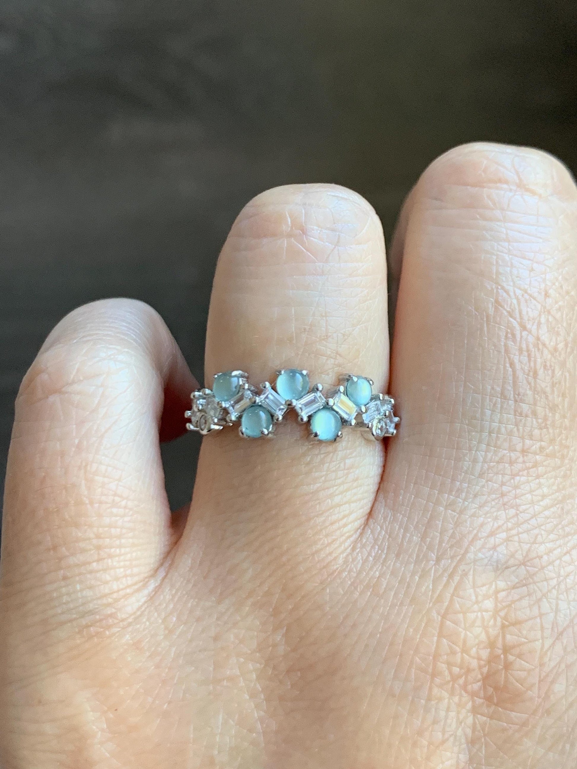 Natural Grade A Guatemalan Icy Translucent Pastel Blue Jade Jadeite 5-Stone Band Ring Sterling Silver Size Adjustable 天然冰危淡蓝翡翠银镶戒指 WBP77