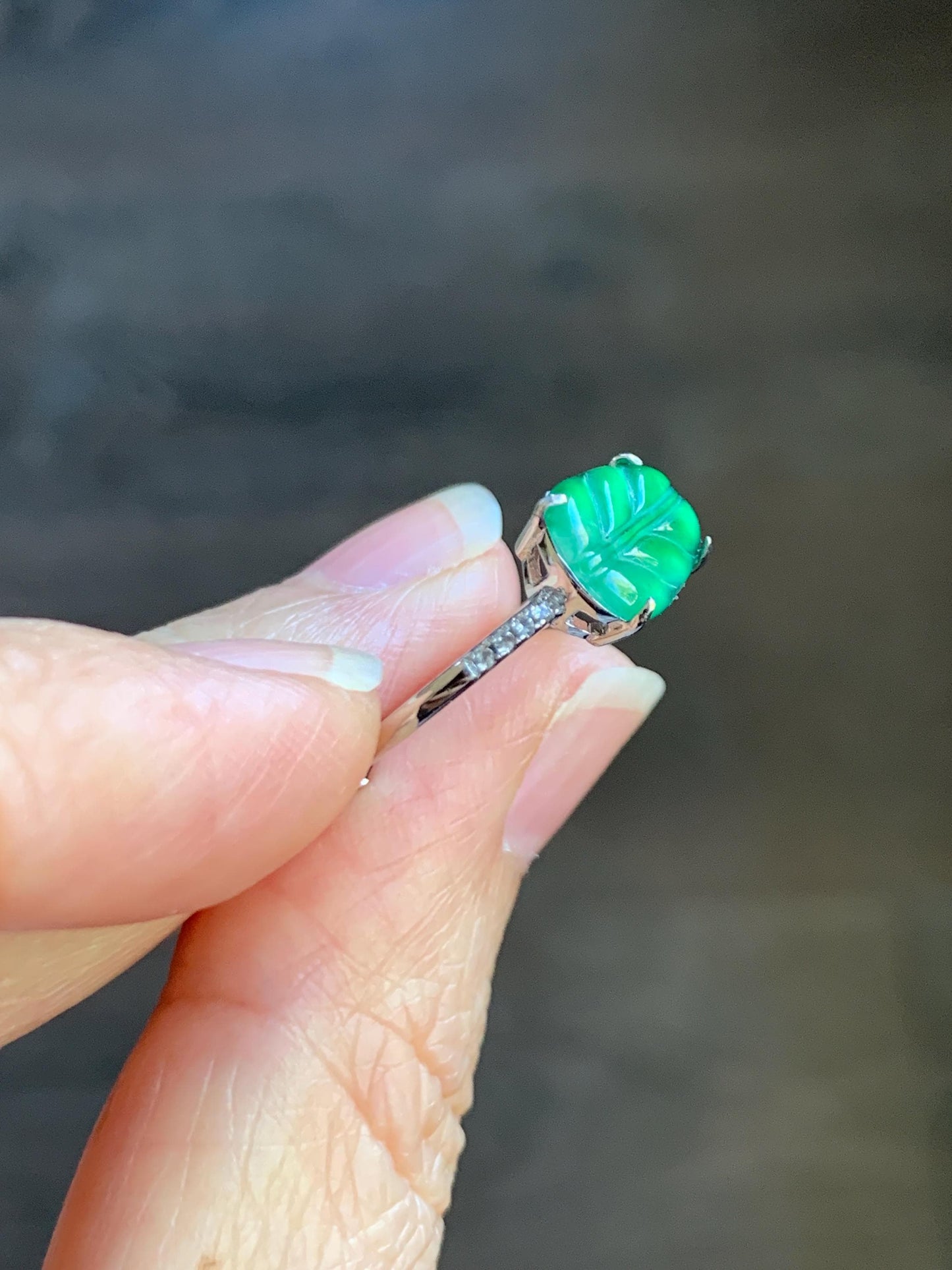 Natural Grade A Guatemalan Icy Highly Translucent Green Jade Jadeite Leaf Ring Sterling Silver Size Adjustable 天然冰危绿翡翠大叶有成银镶戒指 LDY85