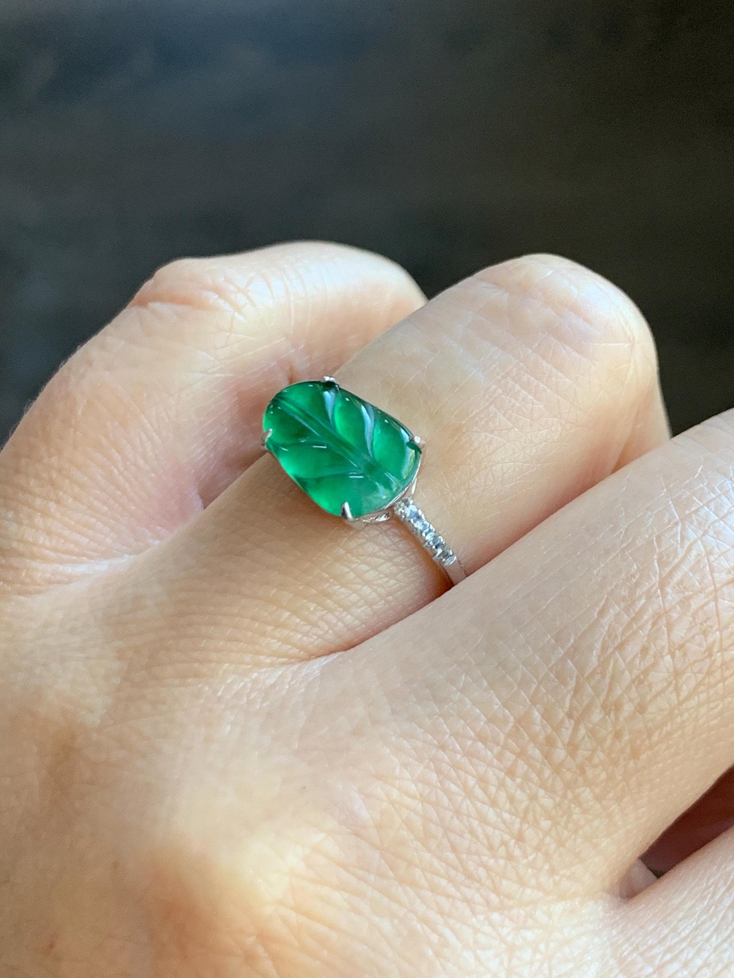 Natural Grade A Guatemalan Icy Highly Translucent Green Jade Jadeite Leaf Ring Sterling Silver Size Adjustable 天然冰危绿翡翠大叶有成银镶戒指 LDY85