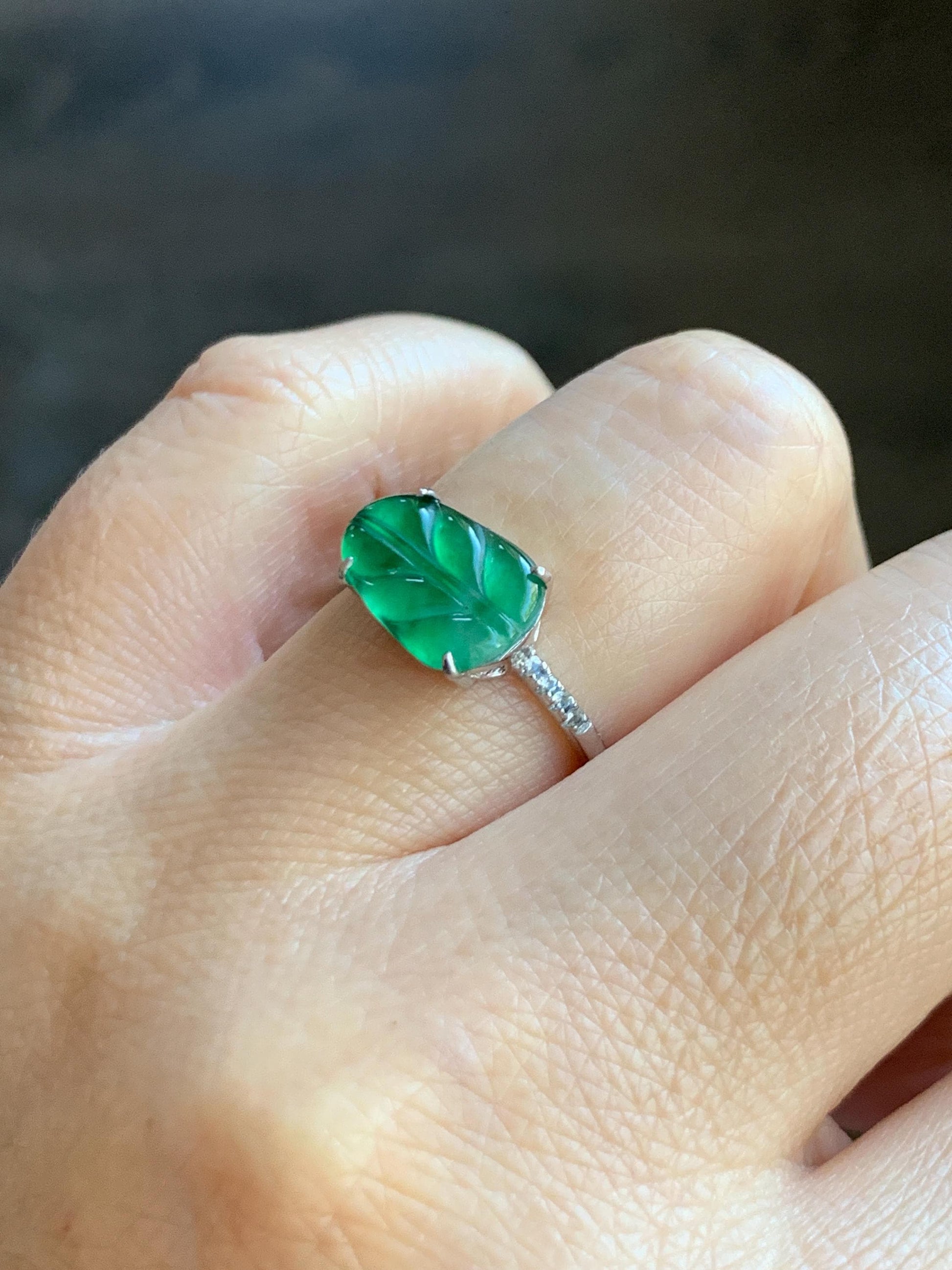 Natural Grade A Guatemalan Icy Highly Translucent Green Jade Jadeite Leaf Ring Sterling Silver Size Adjustable 天然冰危绿翡翠大叶有成银镶戒指 LDY85