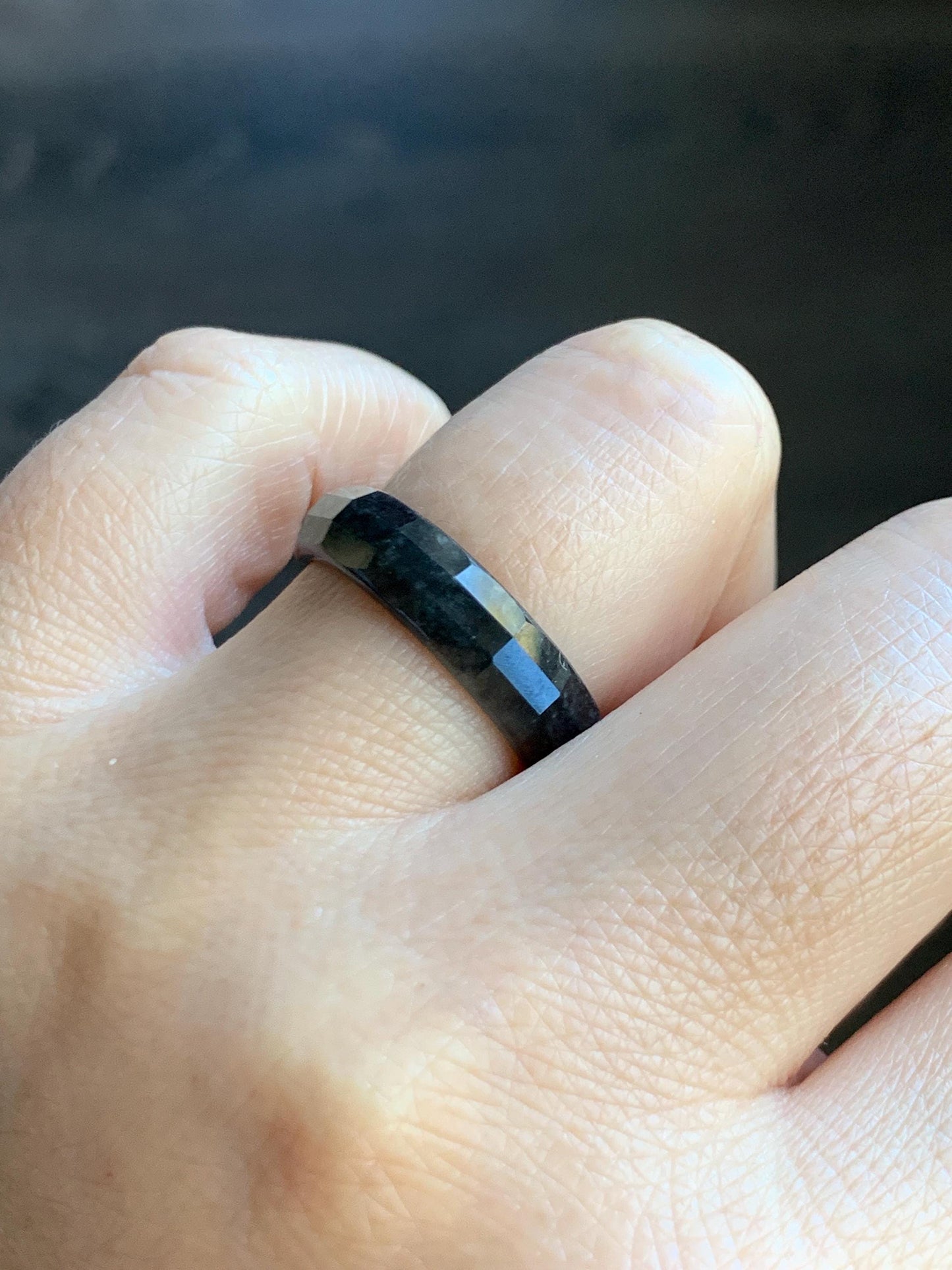 Natural Grade A Guatemalan Icy Highly Translucent Wuji Green Marbled Jade Jadeite Faceted Band Ring Size 8.25 US 天然冰危乌鸡飘绿翡翠切割面戒圈 WWJ220A