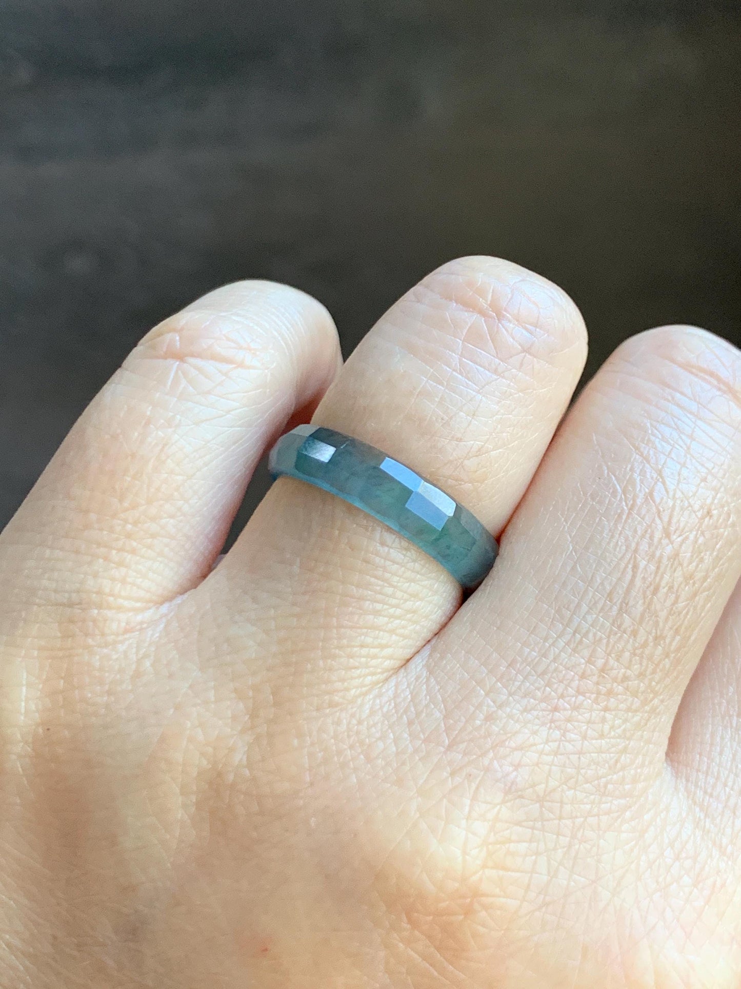 Natural Grade A Guatemalan Icy Highly Translucent Teal Blue Green Marbled Jade Jadeite Faceted Band Ring Size 7.75 US 天然冰危蓝飘花翡翠切割面戒圈 WLQ220A