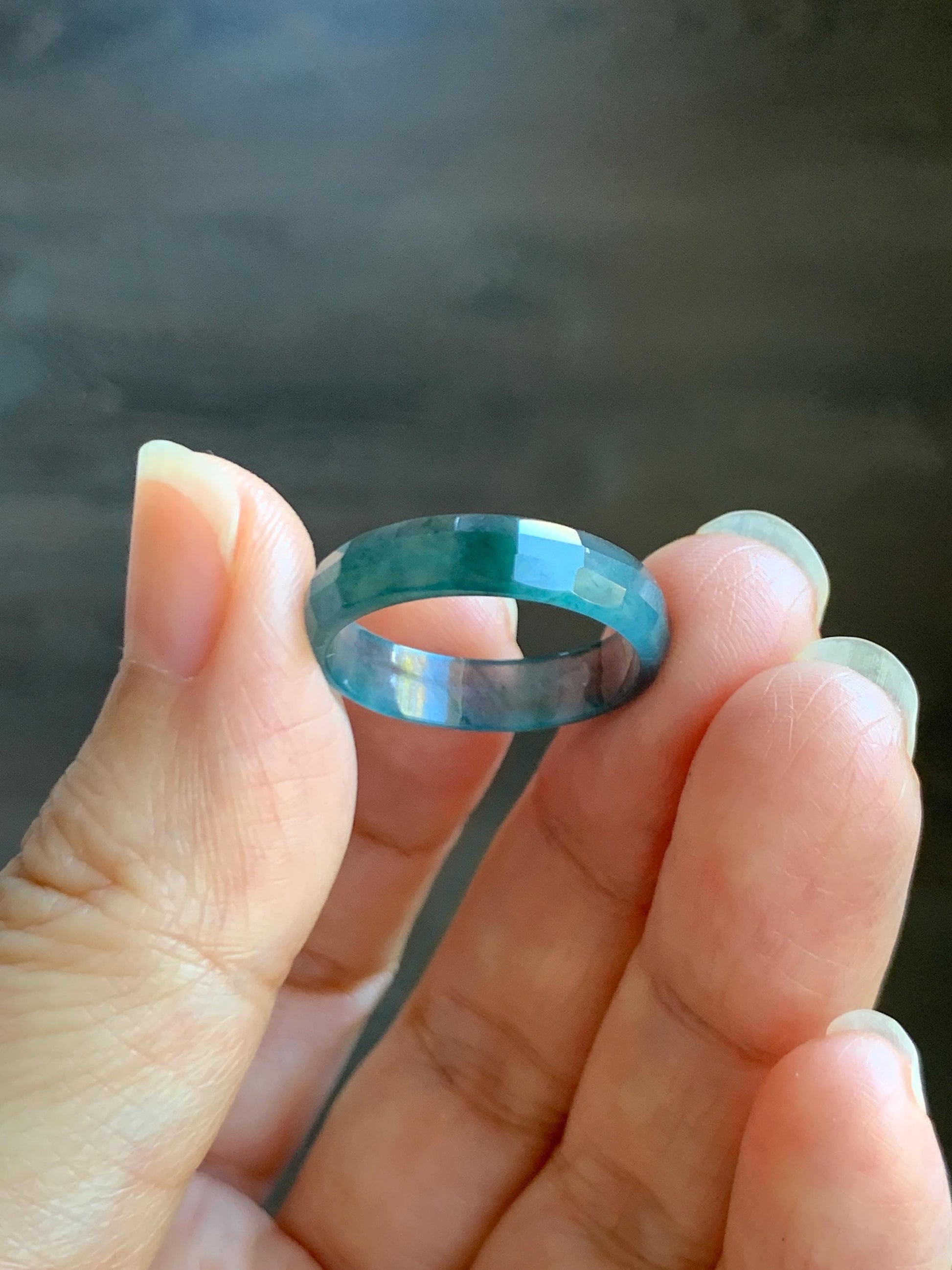 Natural Grade A Guatemalan Icy Highly Translucent Teal Blue Green Marbled Jade Jadeite Faceted Band Ring Size 7.75 US 天然冰危蓝飘花翡翠切割面戒圈 WLQ220A