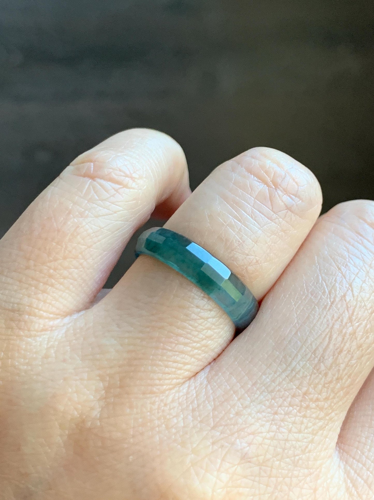 Natural Grade A Guatemalan Icy Highly Translucent Teal Blue Green Marbled Jade Jadeite Faceted Band Ring Size 7.75 US 天然冰危蓝飘花翡翠切割面戒圈 WLQ220A
