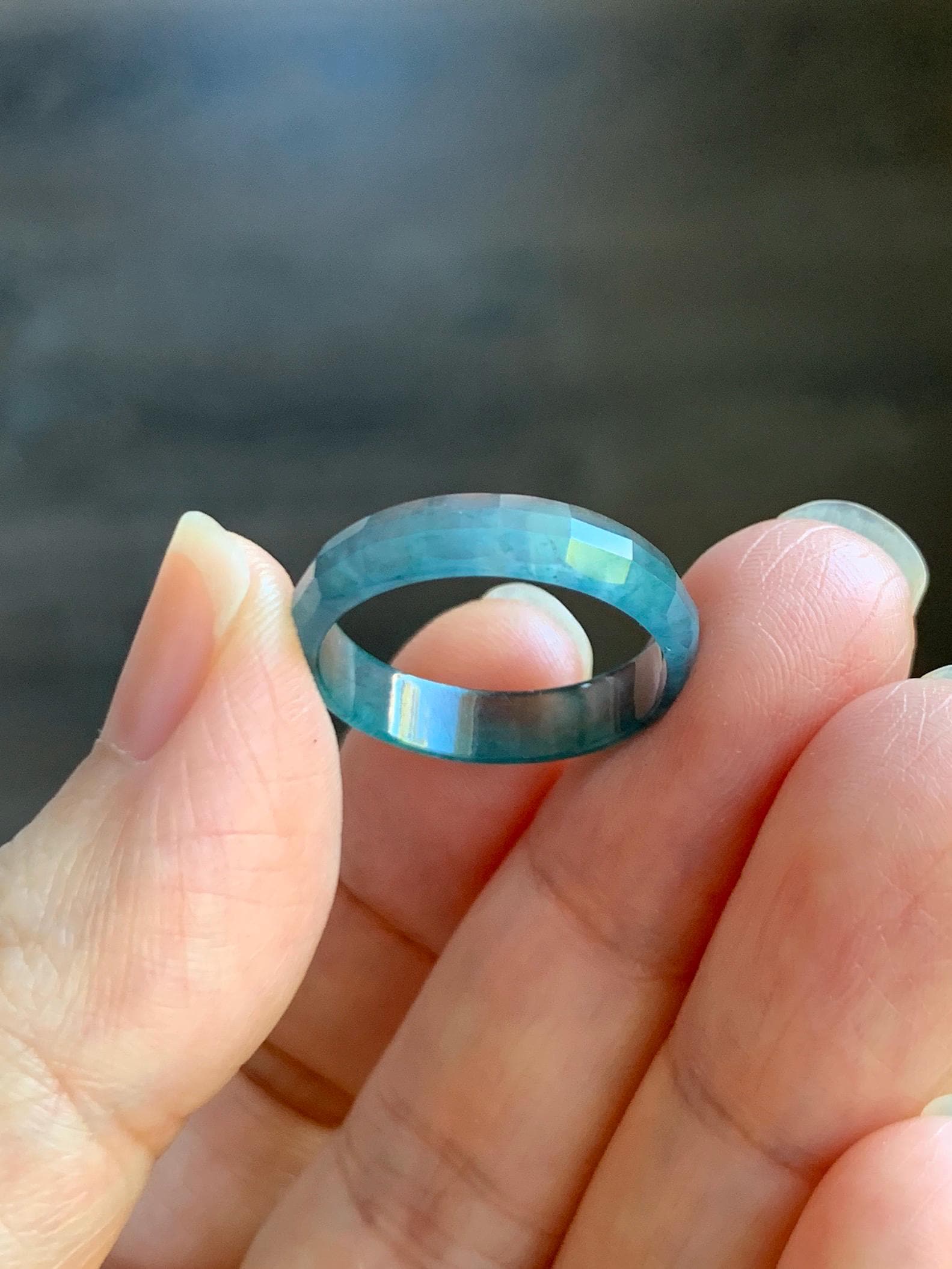 Natural Grade A Guatemalan Icy Highly Translucent Teal Blue Green Marbled Jade Jadeite Faceted Band Ring Size 7.75 US 天然冰危蓝飘花翡翠切割面戒圈 WLQ220B